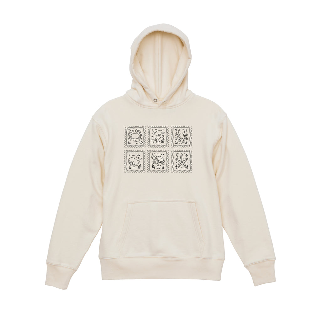 Ocean Animal Stamp Marine Embroidered Heavyweight 450 GSM Cotton Hoodie Sweatshirt