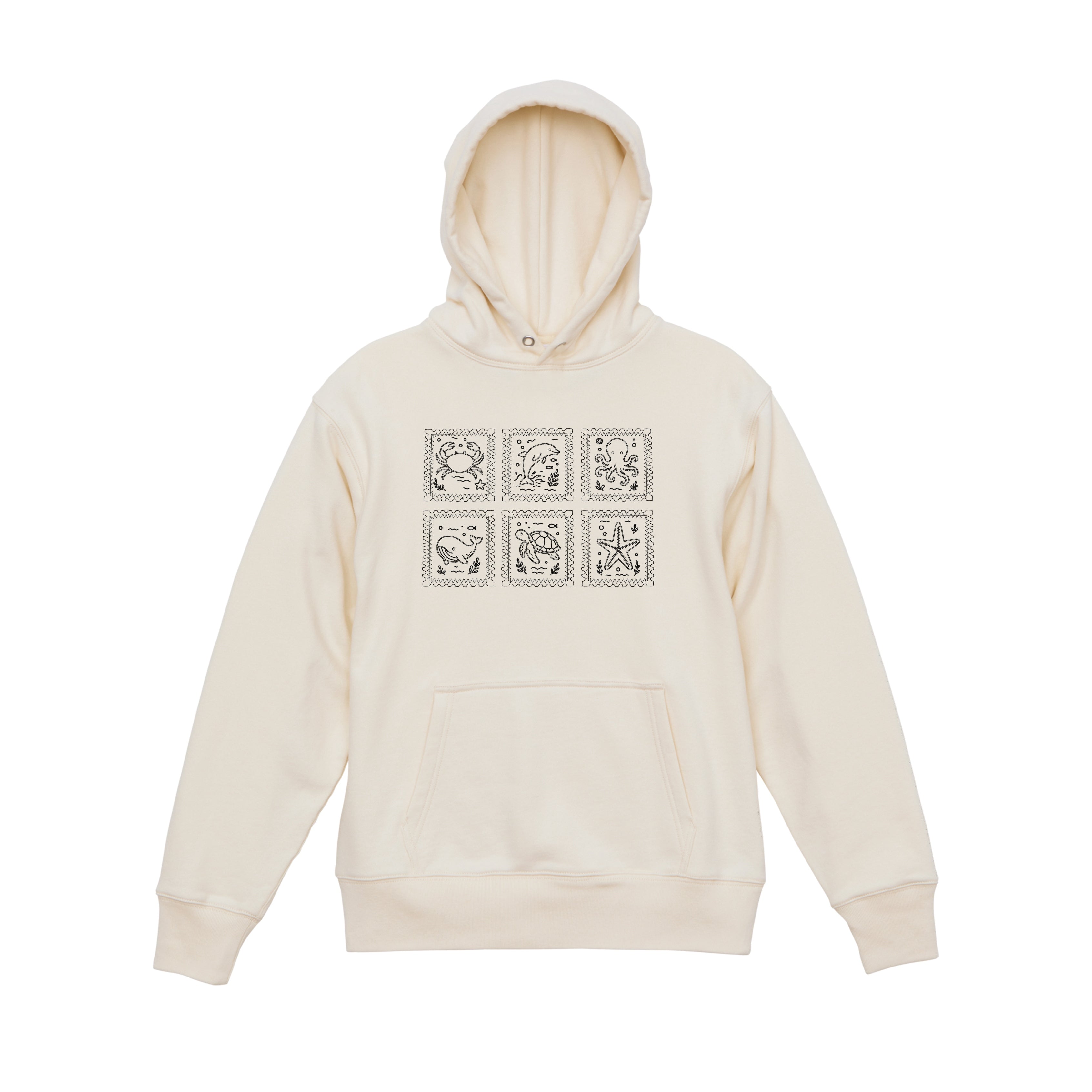 Ocean Animal Stamp Marine Embroidered Heavyweight 450 GSM Cotton Hoodie Sweatshirt