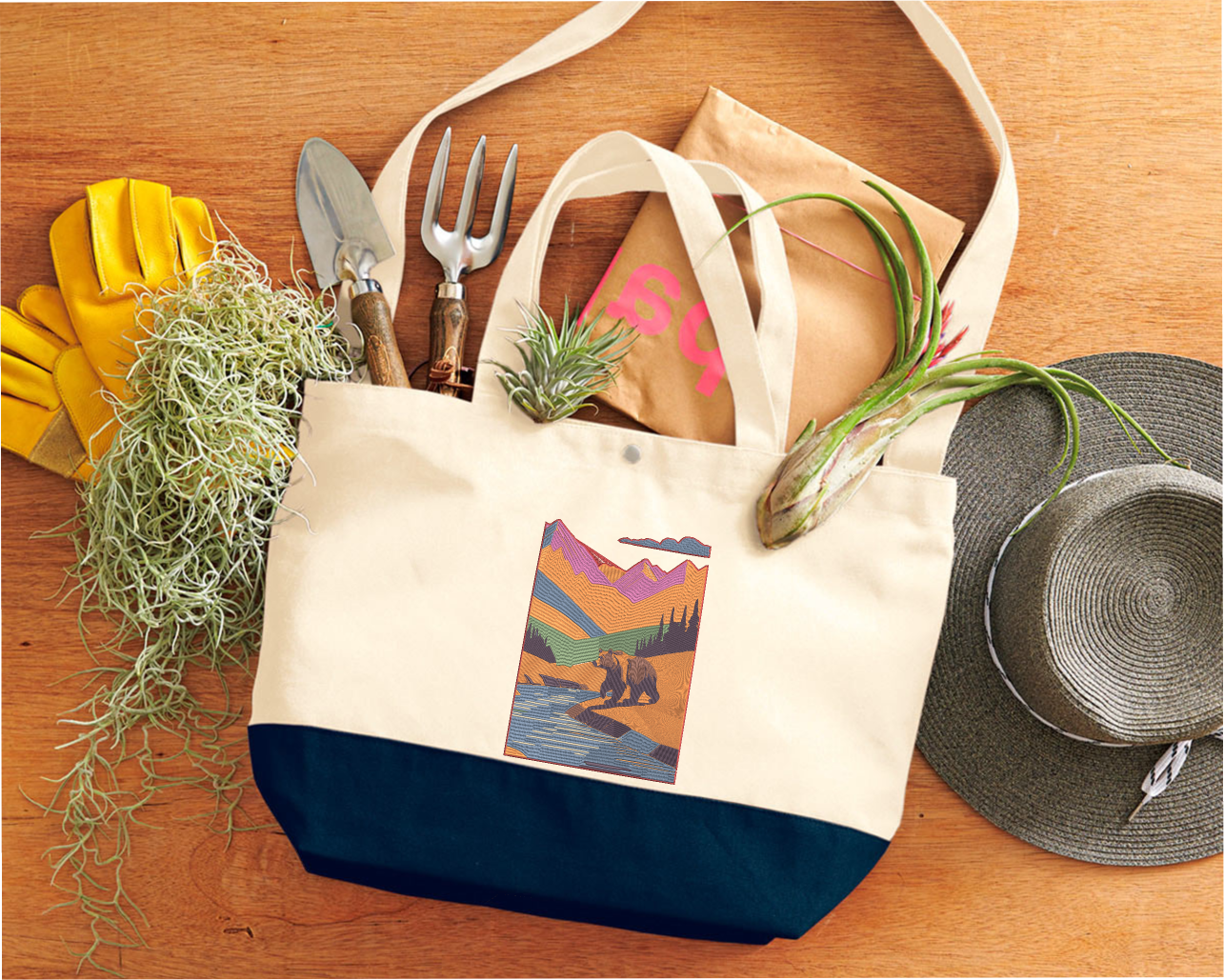 イエローストーン国立公園の山ハイキング刺繍トートバッグ