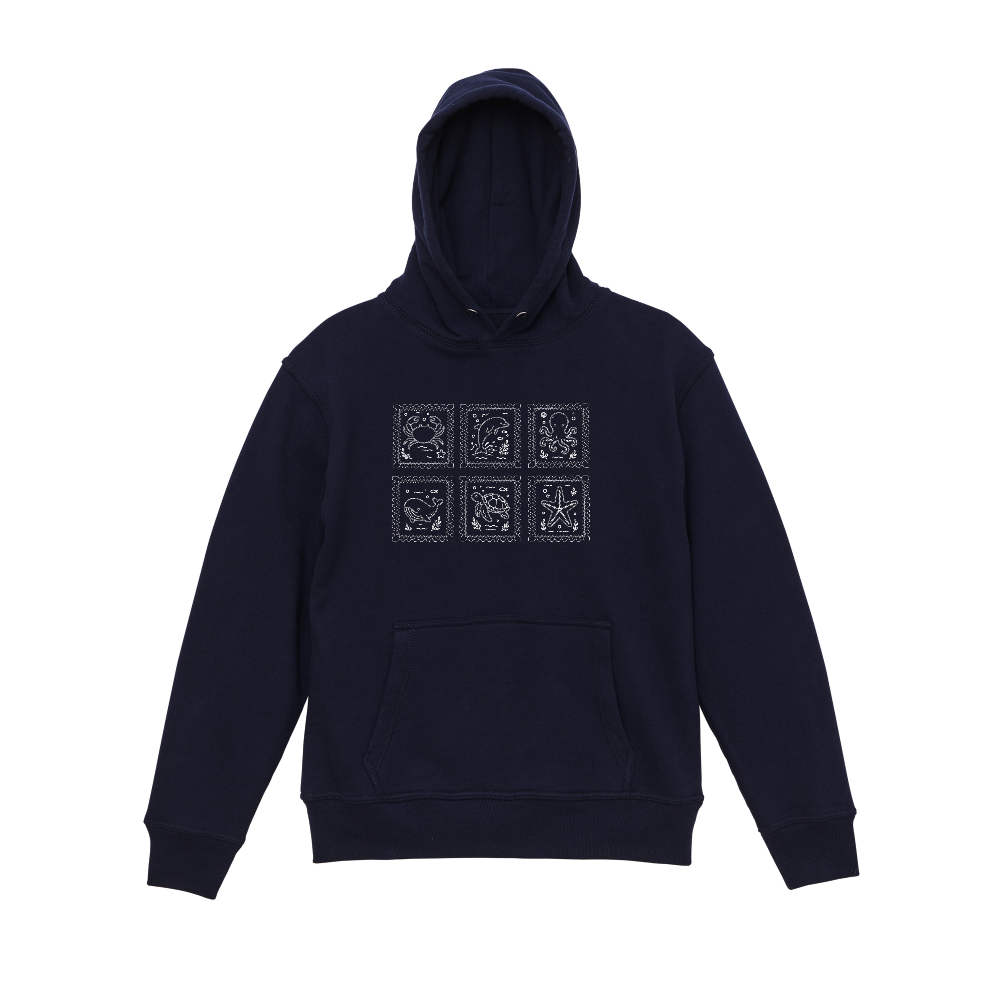 Ocean Animal Stamp Marine Embroidered Heavyweight 450 GSM Cotton Hoodie Sweatshirt