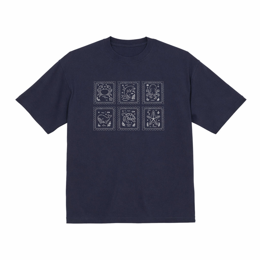 海の動物 スタンプ 海洋刺繍 プレミアムオーガニックコットンTシャツ