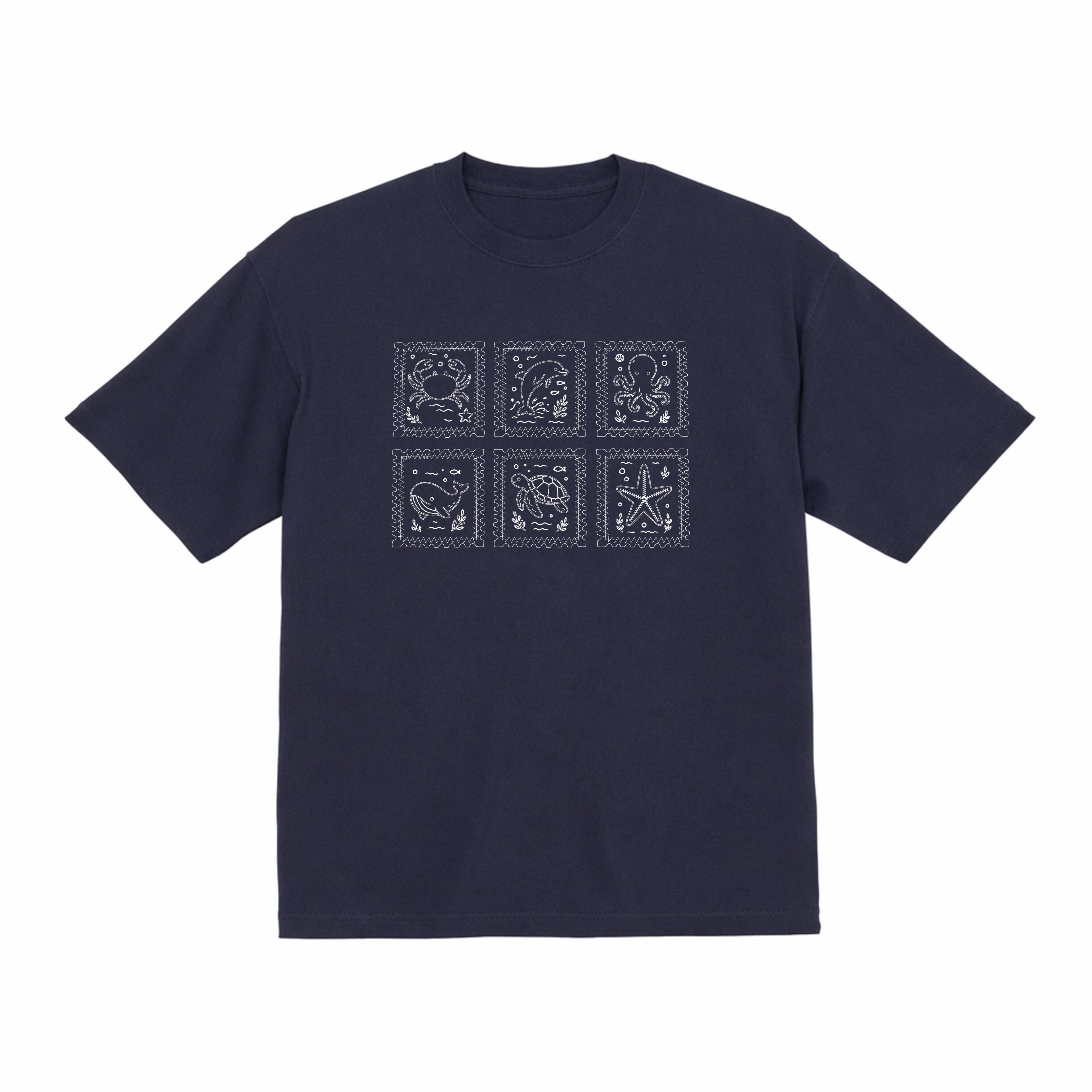 海の動物 スタンプ 海洋刺繍 プレミアムオーガニックコットンTシャツ