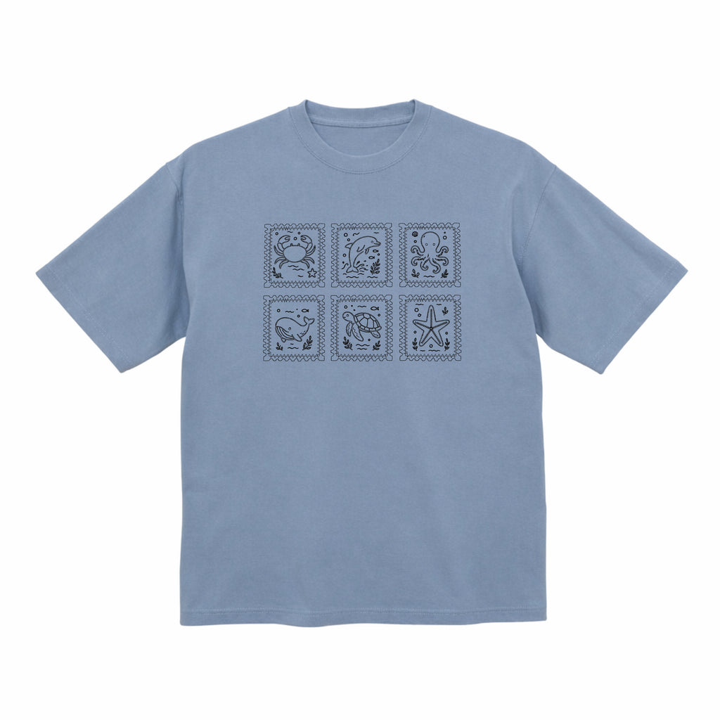 海の動物 スタンプ 海洋刺繍 プレミアムオーガニックコットンTシャツ