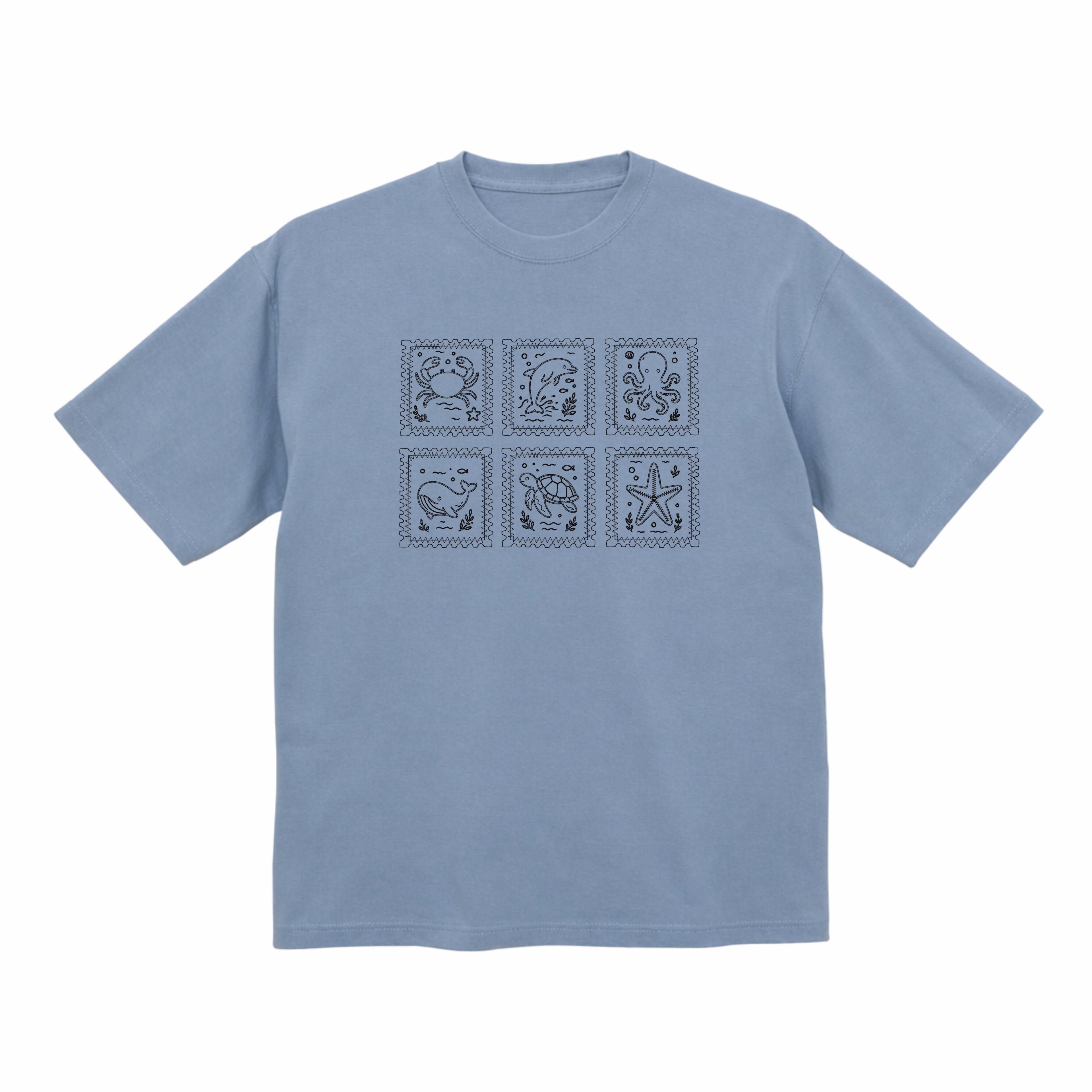 海の動物 スタンプ 海洋刺繍 プレミアムオーガニックコットンTシャツ
