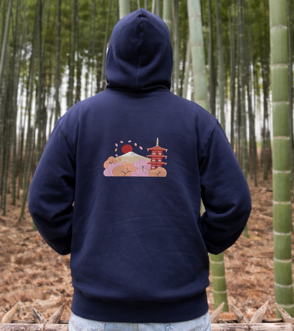 Sudadera con capucha pesada con doble cremallera Golden Bonsai Chureito Fuji Pagoda Landscape | Bordada 450GSM