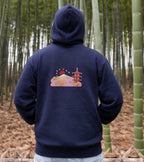 Sudadera con capucha pesada con doble cremallera Golden Bonsai Chureito Fuji Pagoda Landscape | Bordada 450GSM