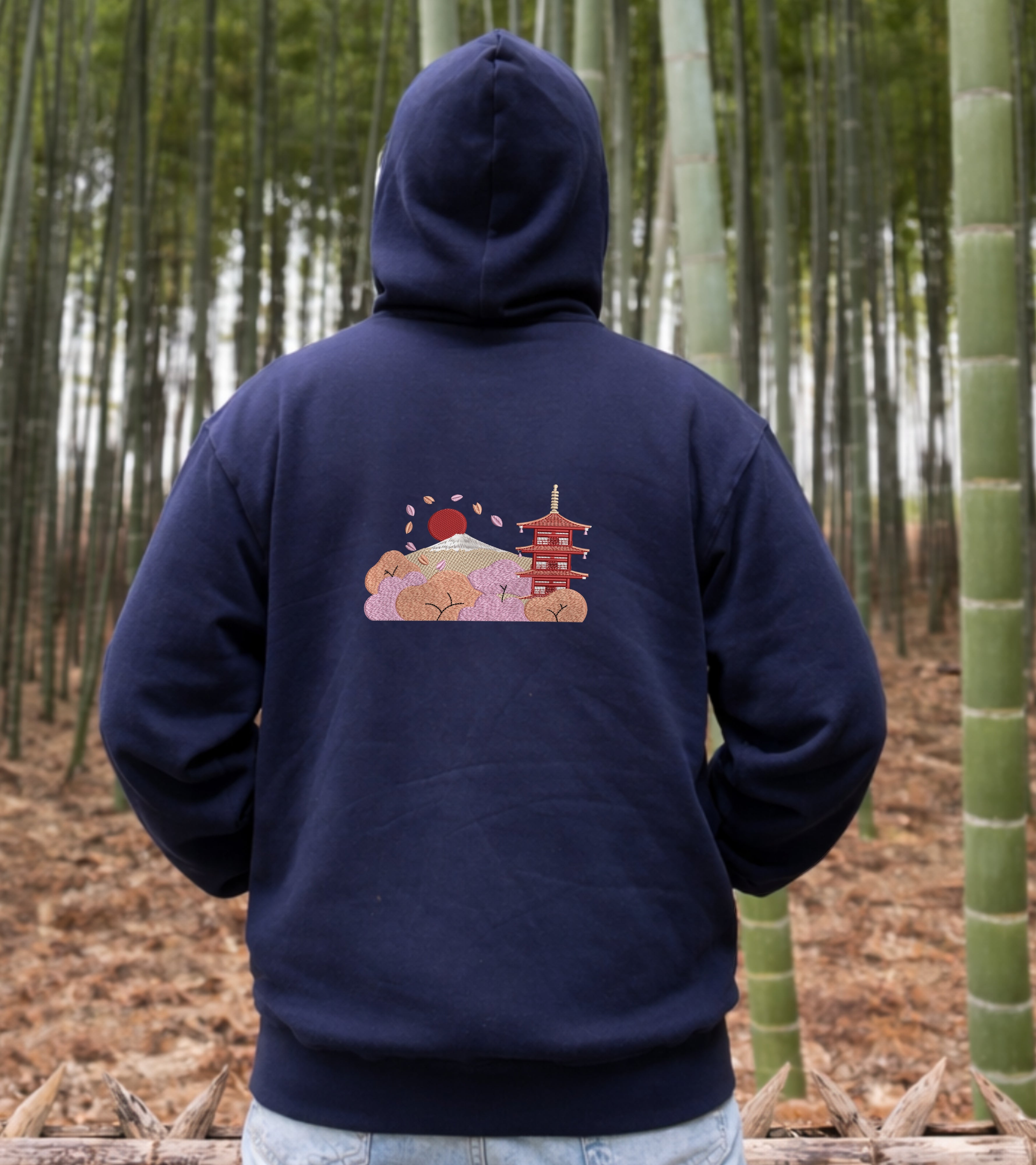 Golden Bonsai Chureito Fuji Pagoda Landscape | Embroidered 450GSM Heavyweight Dual Zip Hoodie