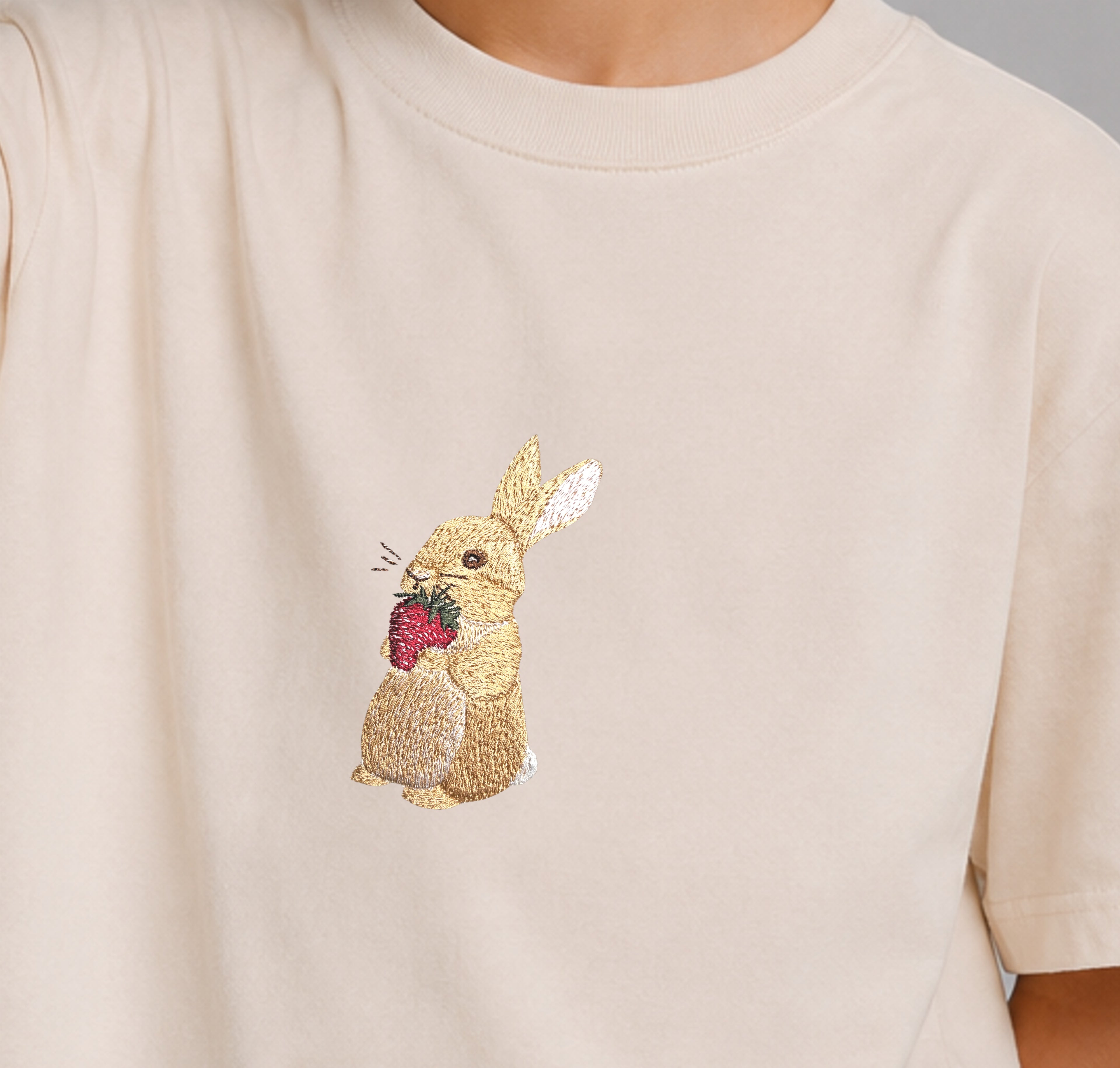 Bunny and Strawberry Embroidered 250 GSM Organic Cotton T shirt | Adults and Kids Matching Set