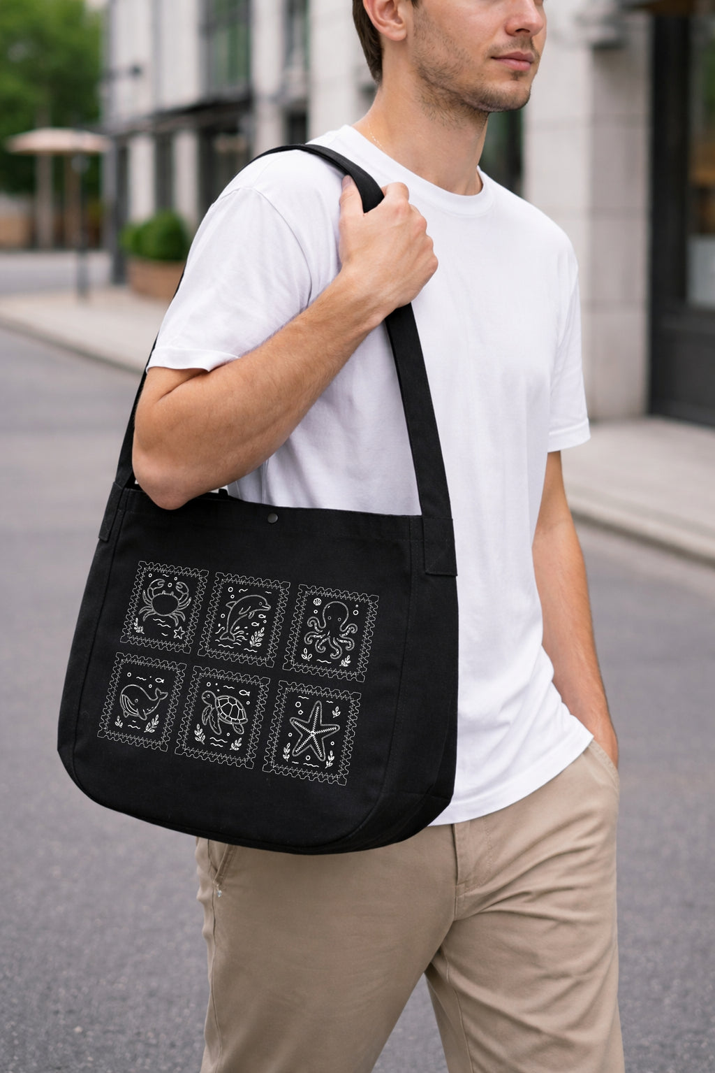 Ocean Animal Stamp Marine Embroidered Tote Bag 20L