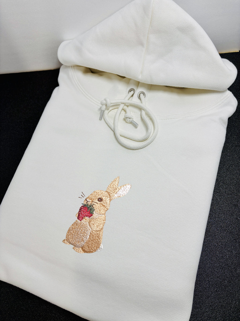 Bunny and Strawberry Embroidered 450GSM Heavyweight Pullover Hoodie Sweatshirt