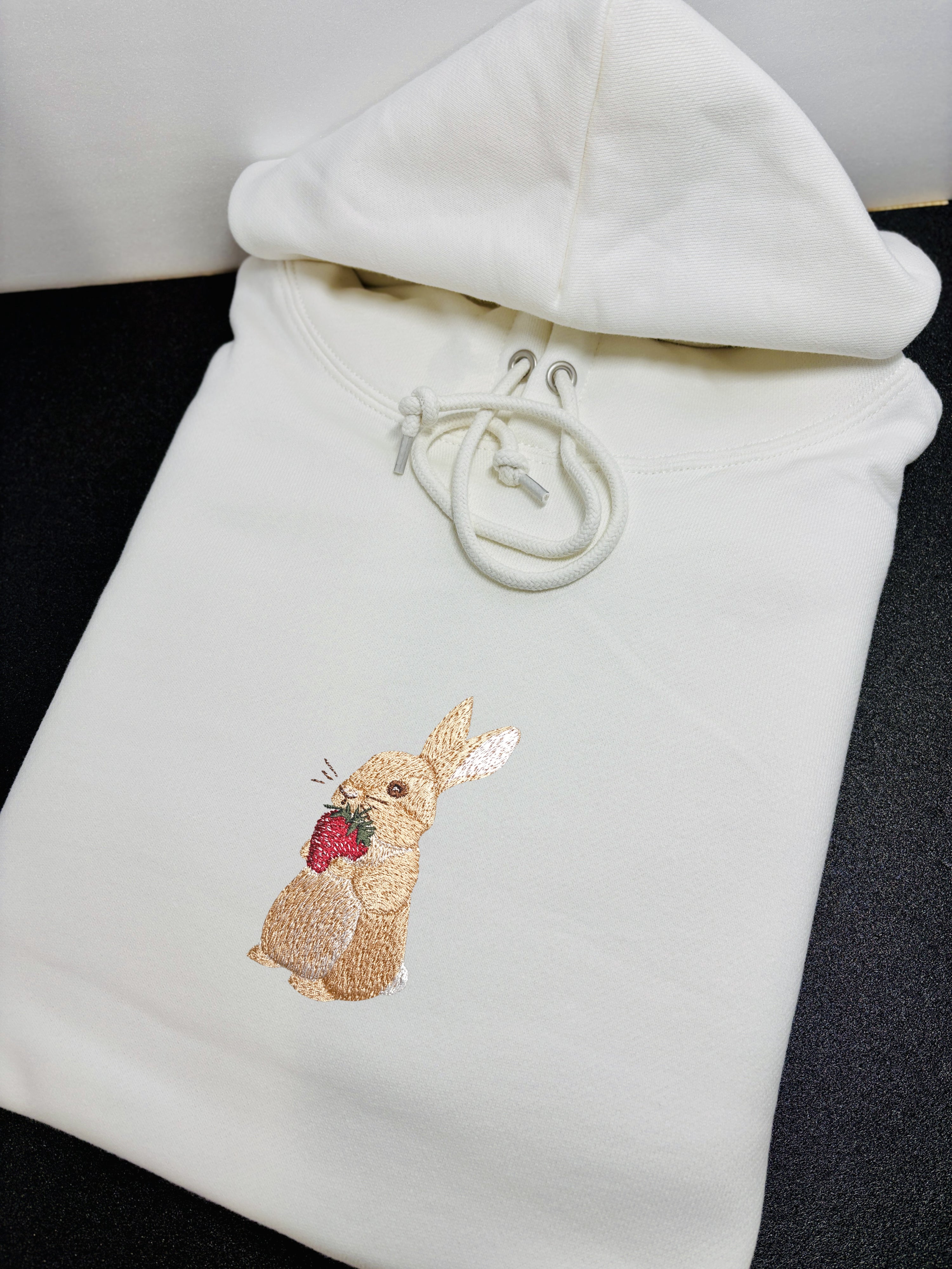 Bunny and Strawberry Embroidered 450GSM Heavyweight Pullover Hoodie Sweatshirt