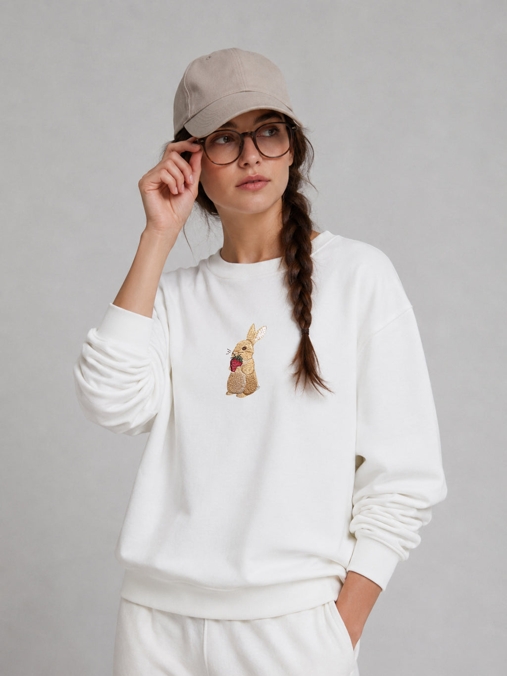 Bunny and Strawberry Embroidered 450GSM Heavyweight Pullover Hoodie Sweatshirt