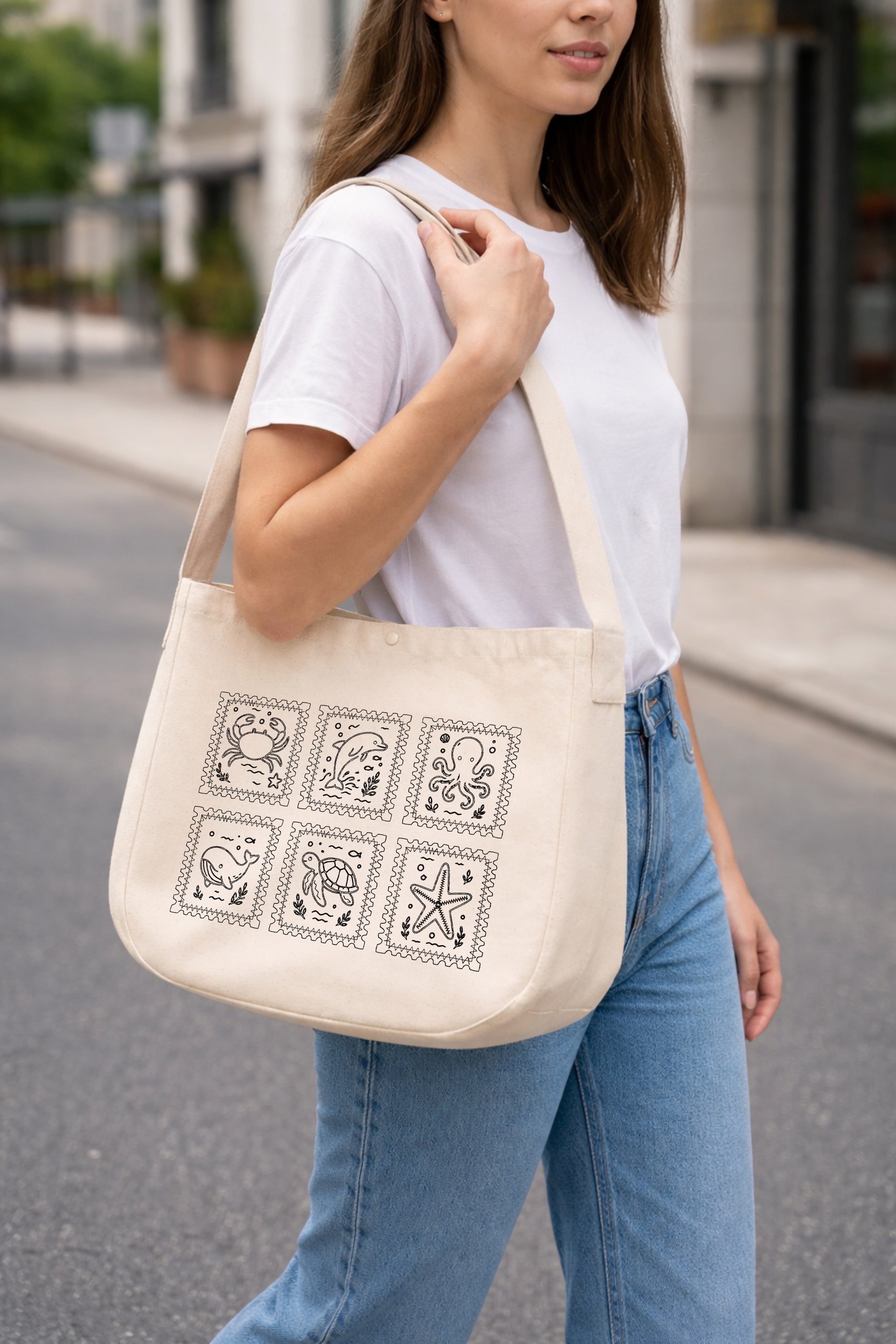 Ocean Animal Stamp Marine Embroidered Tote Bag 20L