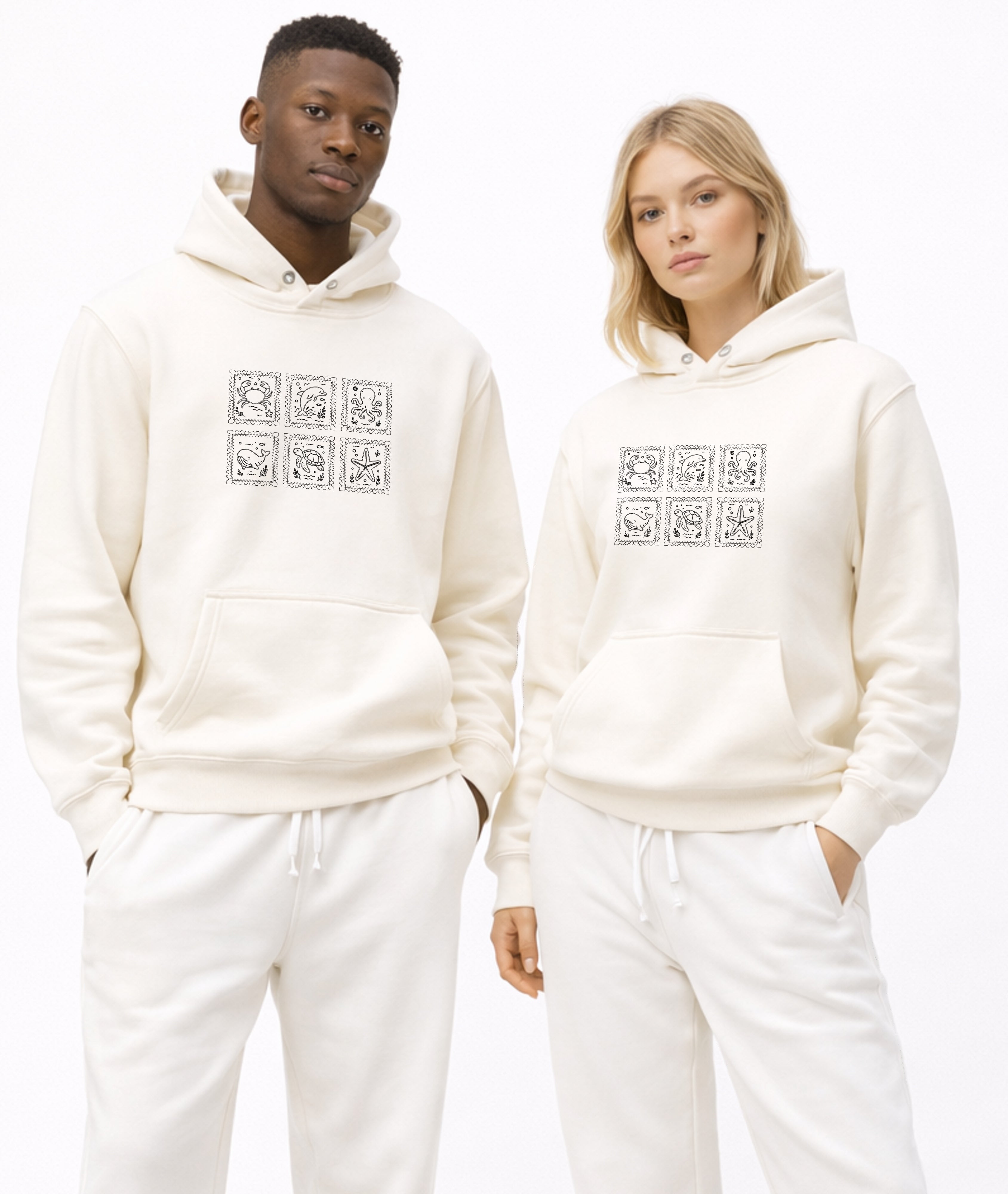 Ocean Animal Stamp Marine Embroidered Heavyweight 450 GSM Cotton Hoodie Sweatshirt