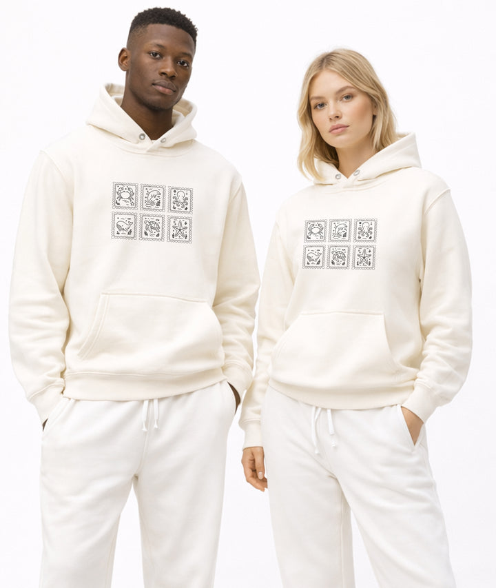 Sudadera con capucha de algodón grueso de 450 GSM bordada con sello de animales marinos del océano