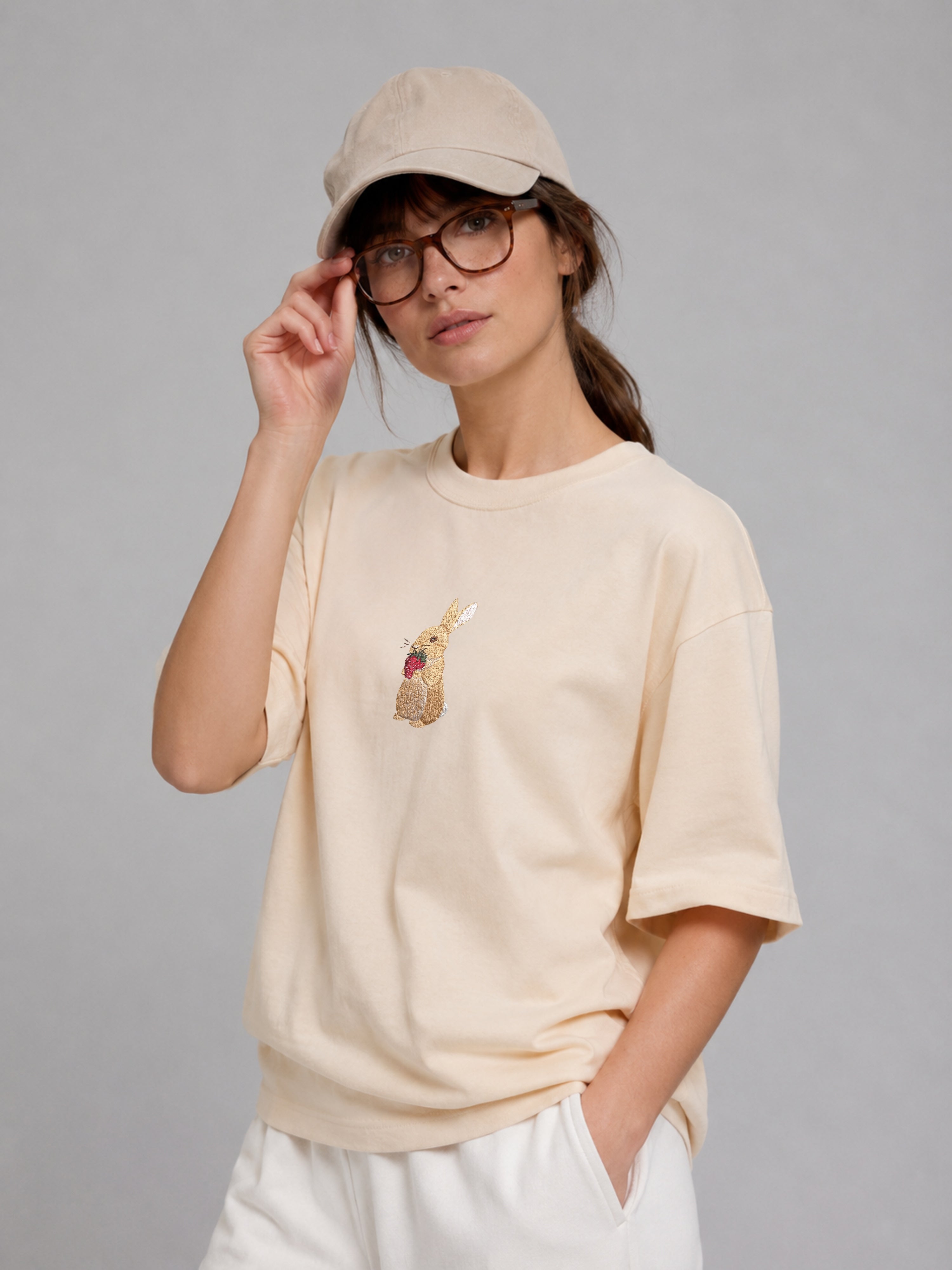 Bunny and Strawberry Embroidered 250 GSM Organic Cotton T shirt | Adults and Kids Matching Set