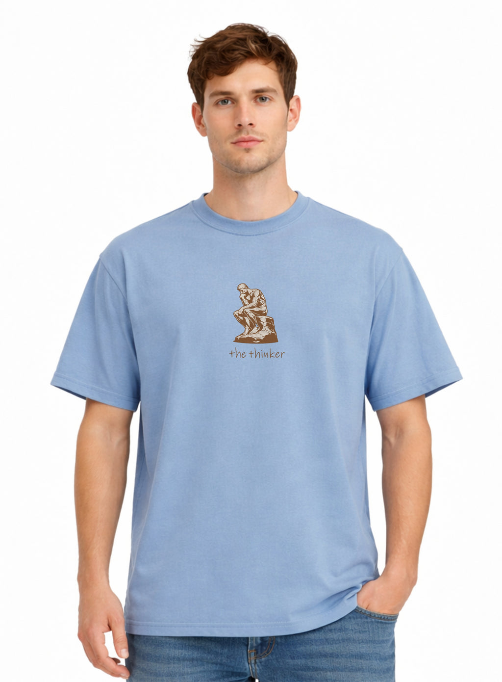 Embroidered The Thinker Le Penseur Auguste Rodin Premium Cotton Heavyweight T shirt