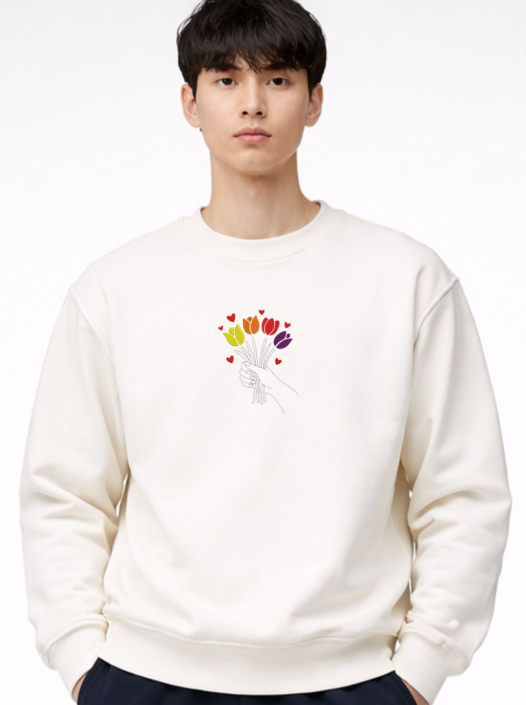 Colorful Tulip Flower Bouquet Embroidered Heavyweight Hoodie and Sweatshirt