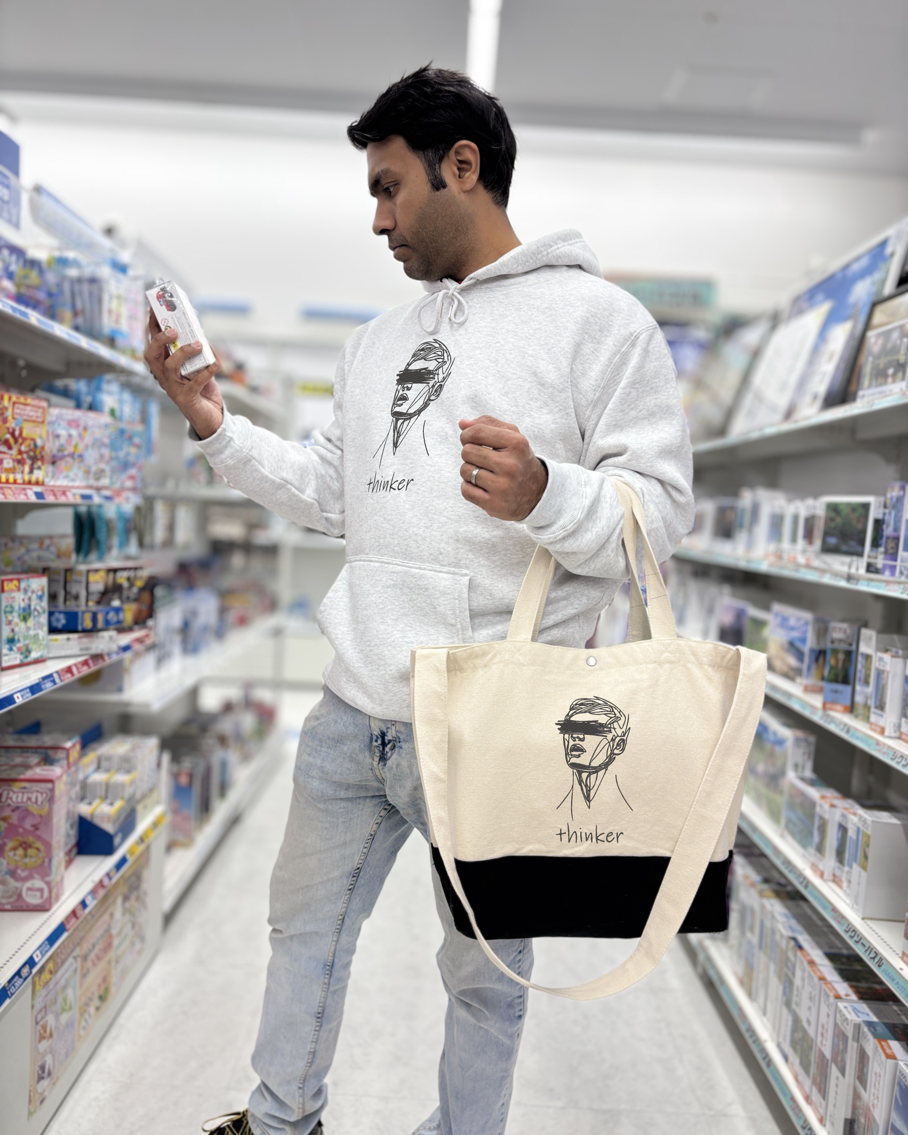 考えすぎなロダン刺繍トートバッグ