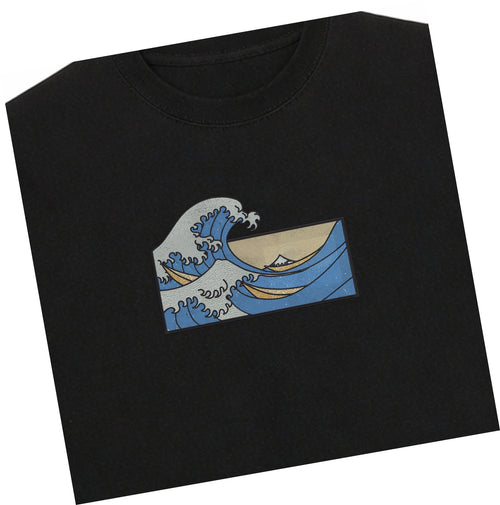Camiseta bordada de algodón premium de peso pesado de Hokusai "La gran ola de Kanagawa"