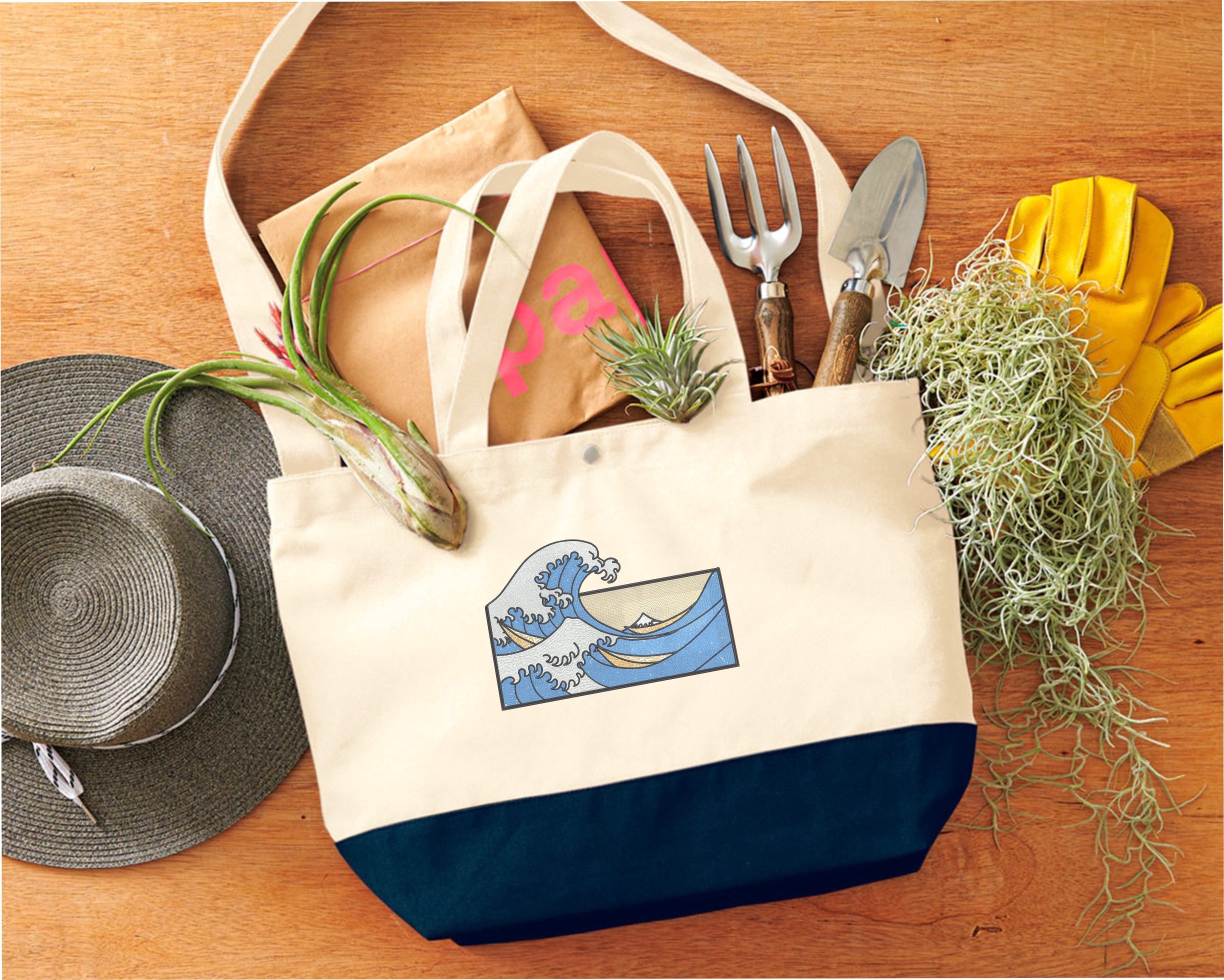 The Great Wave Off Kanagawa Hokusai Embroidered Tote Bag