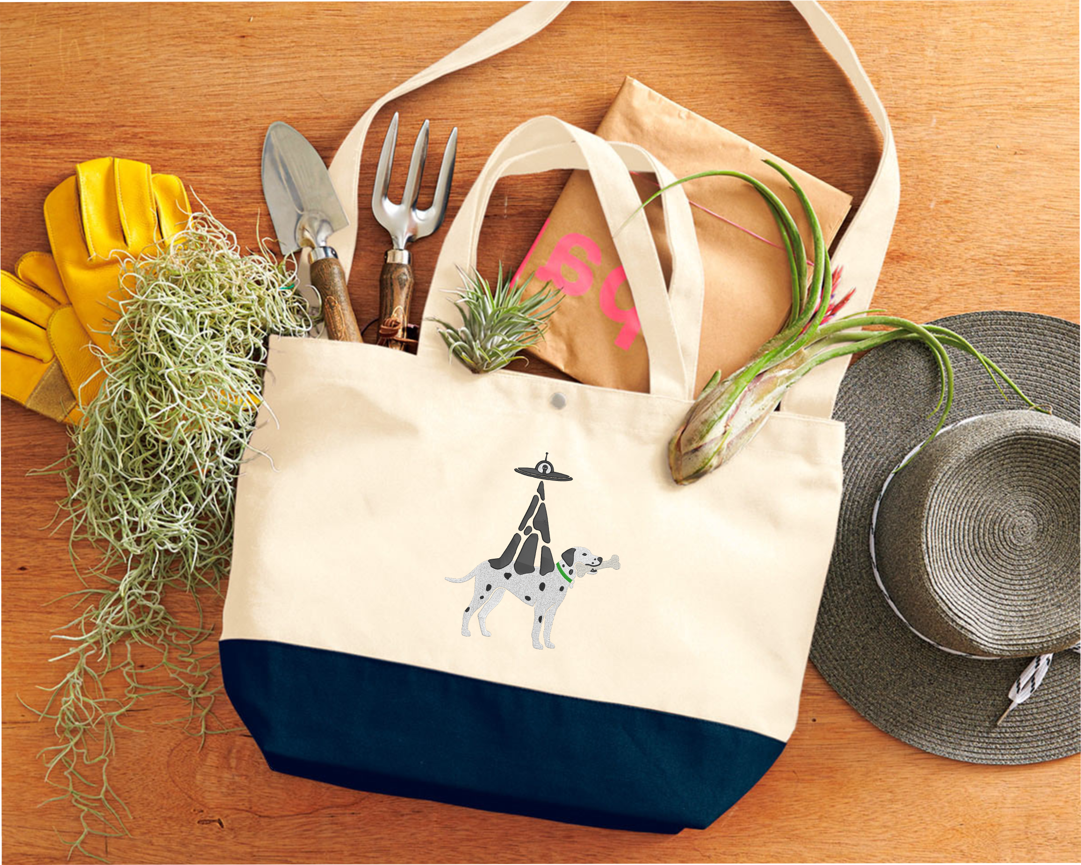 面白いダルメシアン犬の刺繍トートバッグ