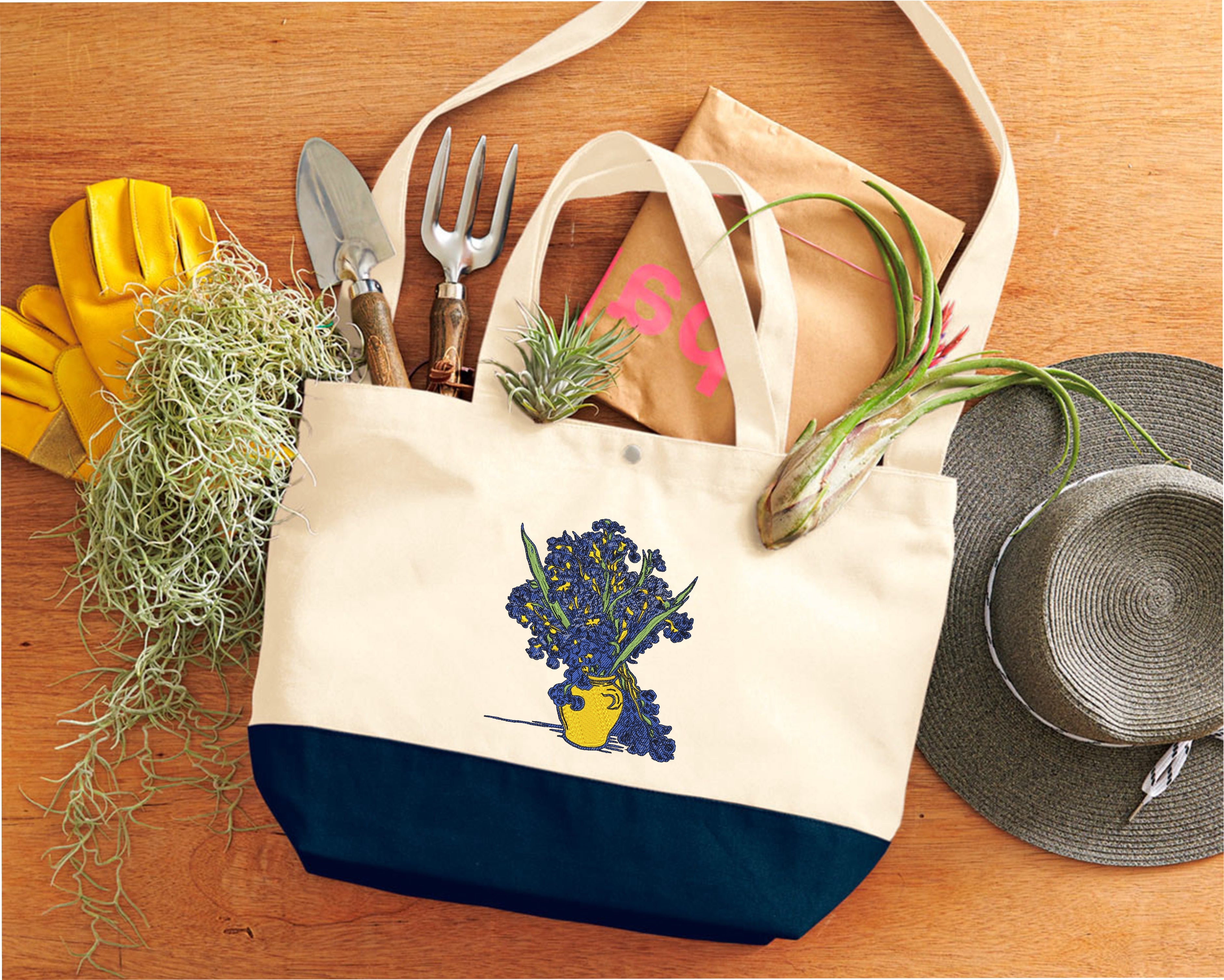 Embroidered Vincent Van Gogh Iris vase Tote Bag 17L