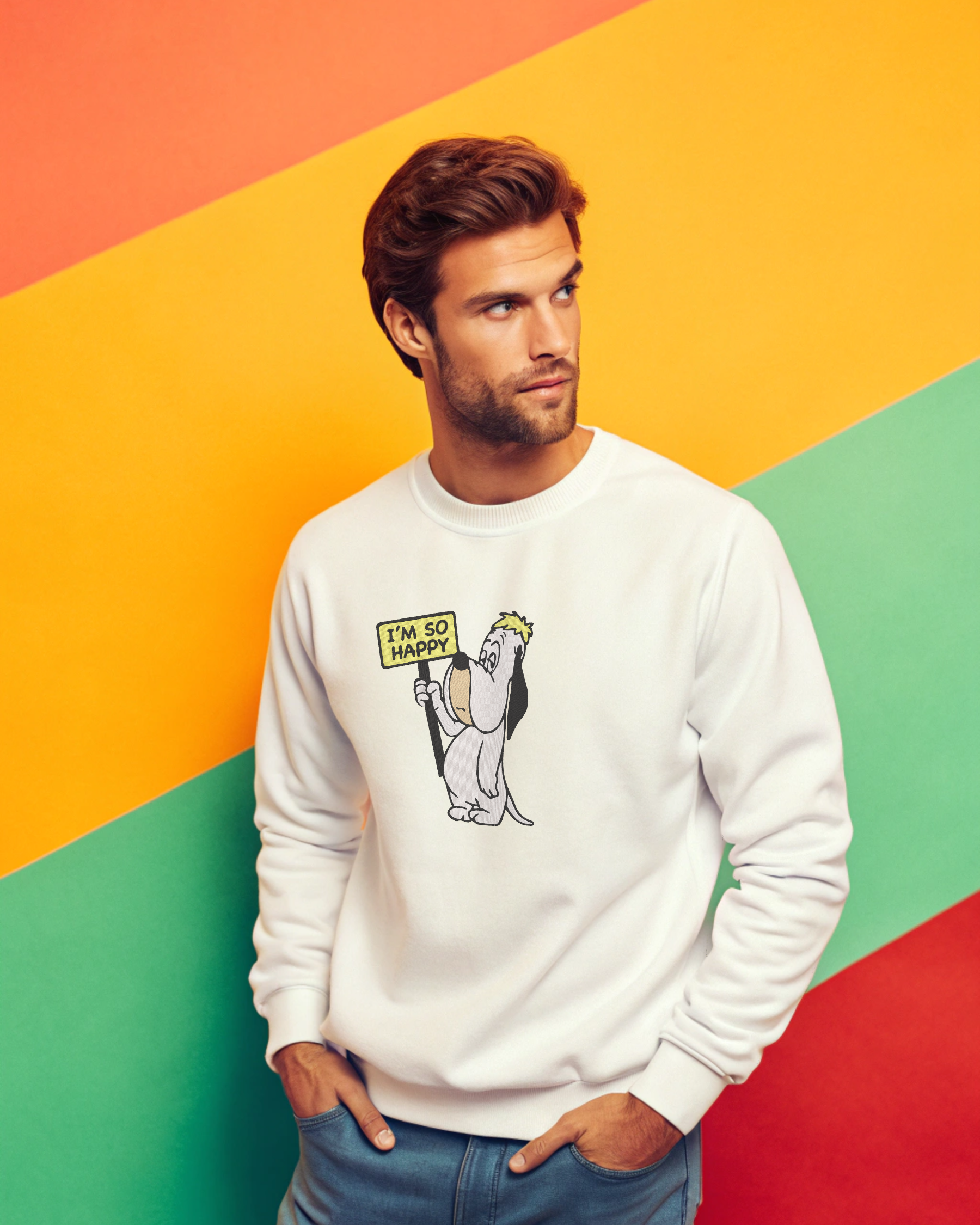 感情のない「I'm So Happy」皮肉な垂れ下がった刺繍パーカー | スウェットシャツ | Tシャツ