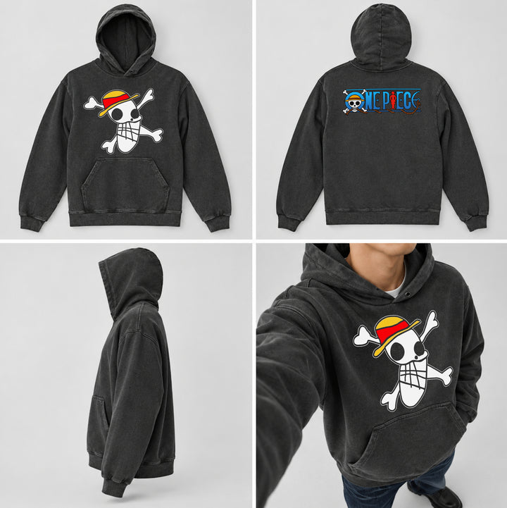 Rare One Piece Luffy First Pirate Flag Vintage Acid Wash Hoodie & Tote Bag Set
