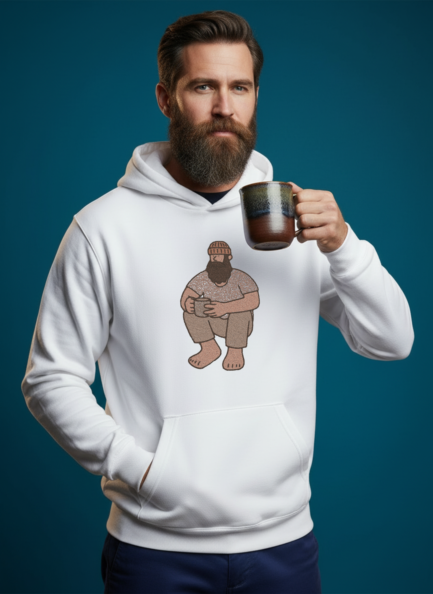Bearded Lumberjack Holding Coffee Embroidery Hoodie | Sweatshirt | T-shirt
