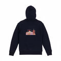 Close up of high-density satin stitch on Andrew Joyce limited edition 450gsm navy dual zip hoodie with YKK zipper.