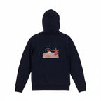 Close up of high-density satin stitch on Andrew Joyce limited edition 450gsm navy dual zip hoodie with YKK zipper.