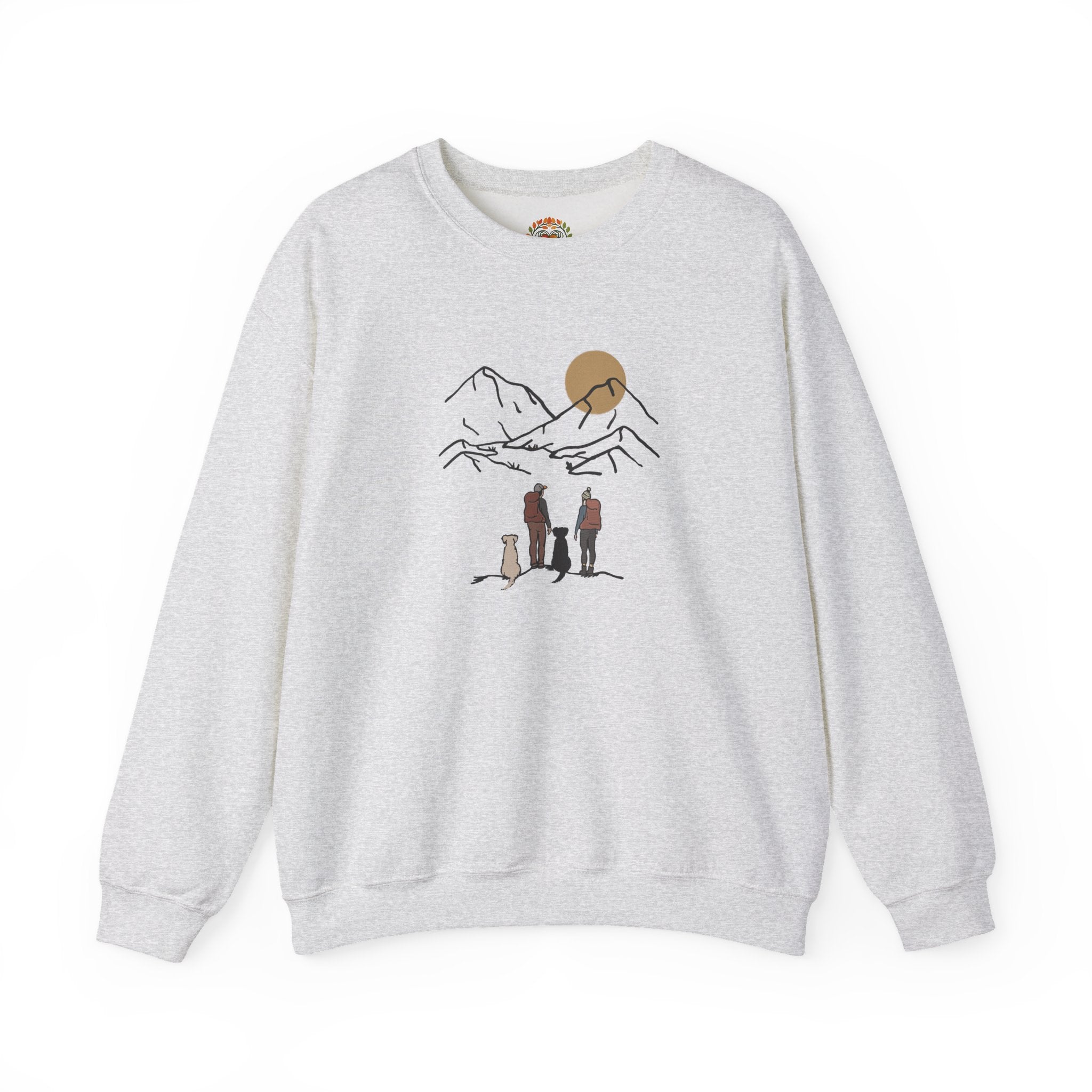 Minimal Line Art Sunset, Family Campers and Dogs Mountain Hike Scene Embroidery Hoodie | Sweatshirt | T-shirt