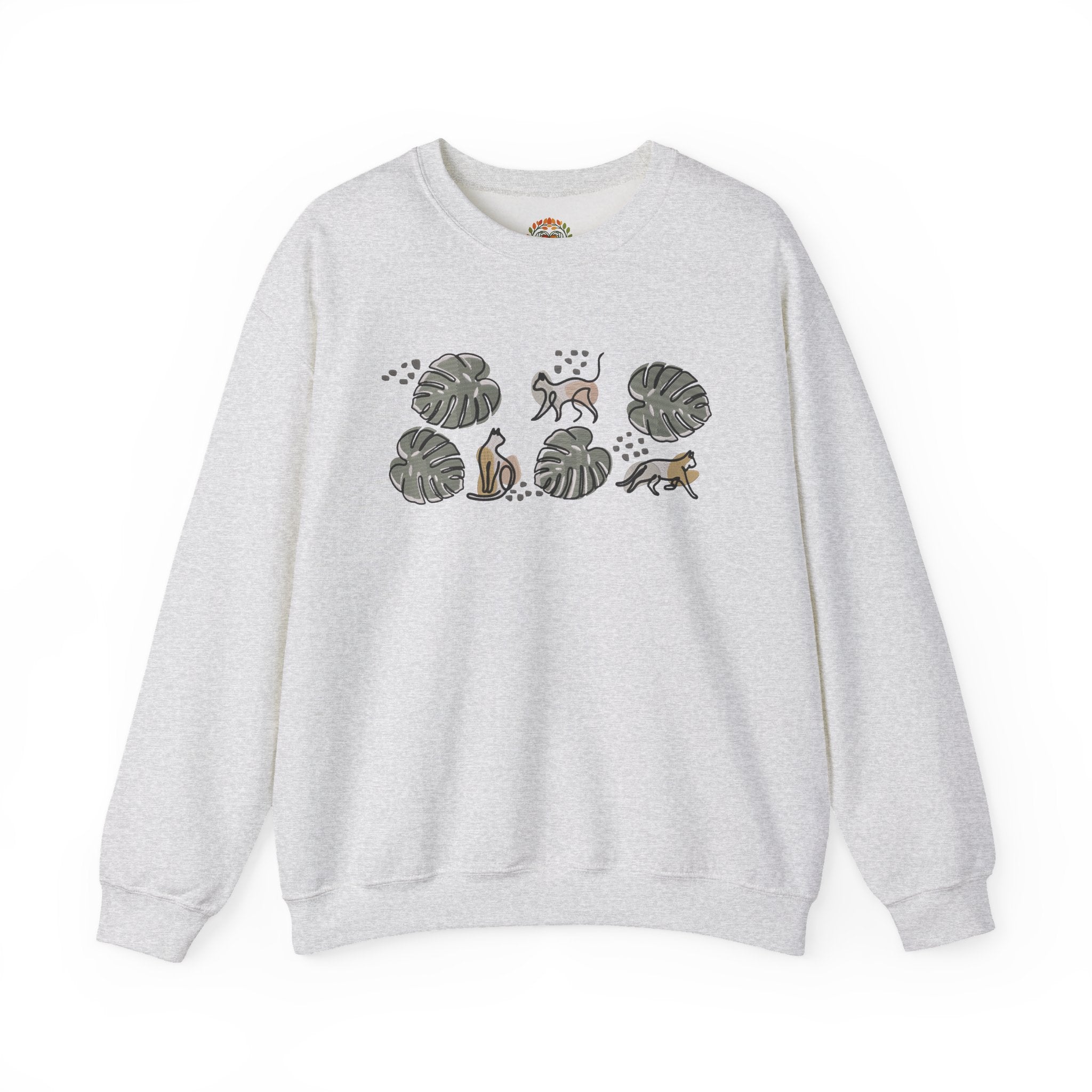 Boho Monstera Leaves with Playful Cats Embroidery Hoodie | Sweatshirt