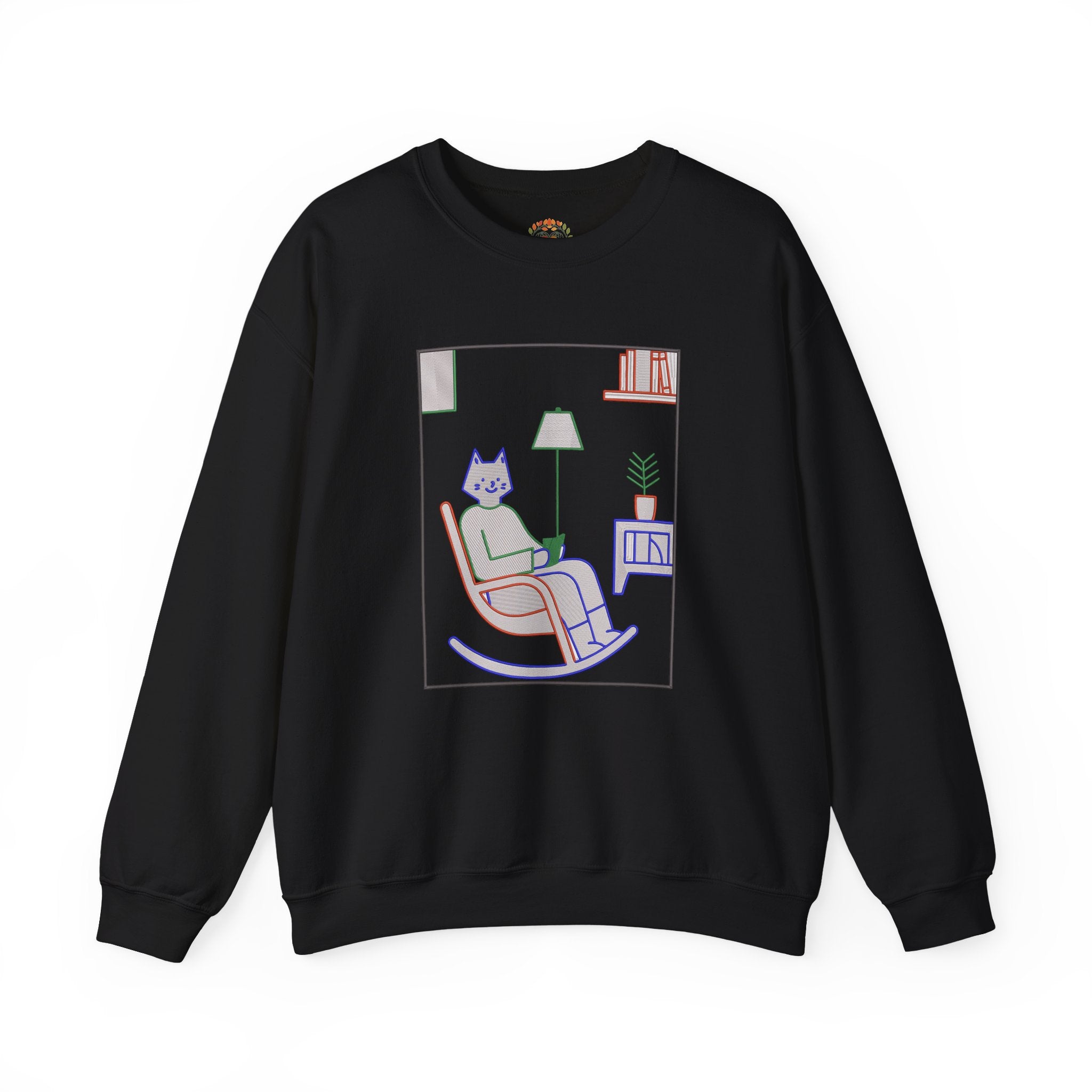 Cat Reading in Rocking Chair Embroidery Hoodie | Sweatshirt | T-shirt