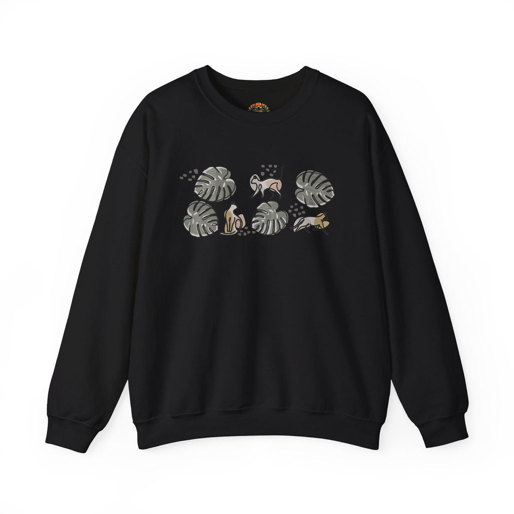Boho Monstera Leaves with Playful Cats Embroidery Hoodie | Sweatshirt