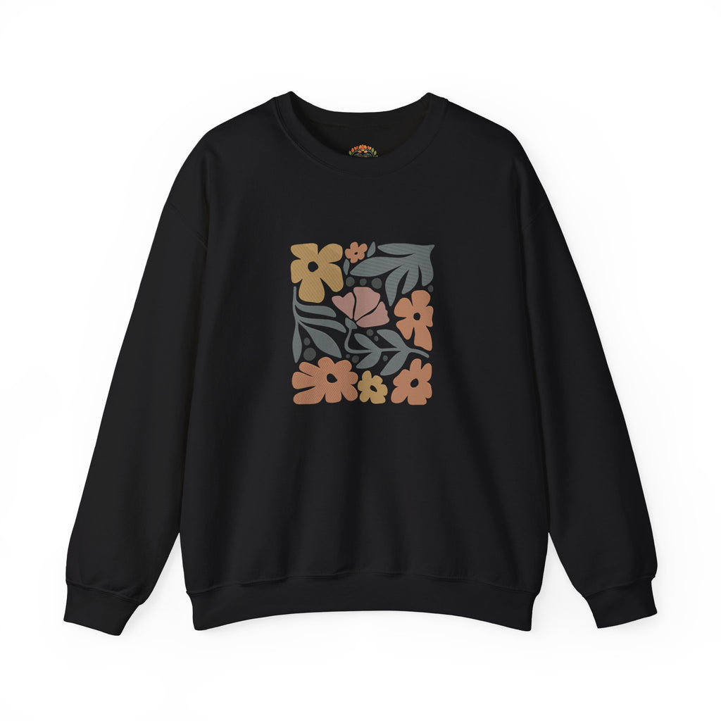 Boho Flower Retro Floral Block Earth Tone Botanical Embroidery Hoodie | Sweatshirt