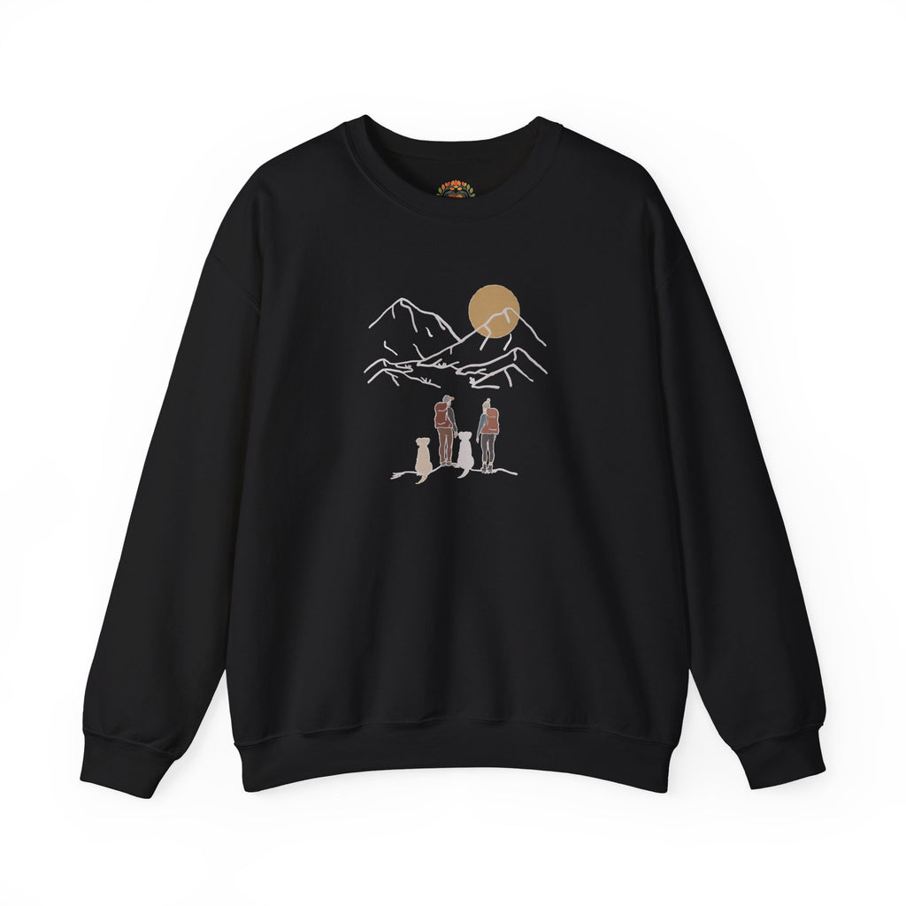 Minimal Line Art Sunset, Family Campers and Dogs Mountain Hike Scene Embroidery Hoodie | Sweatshirt | T-shirt
