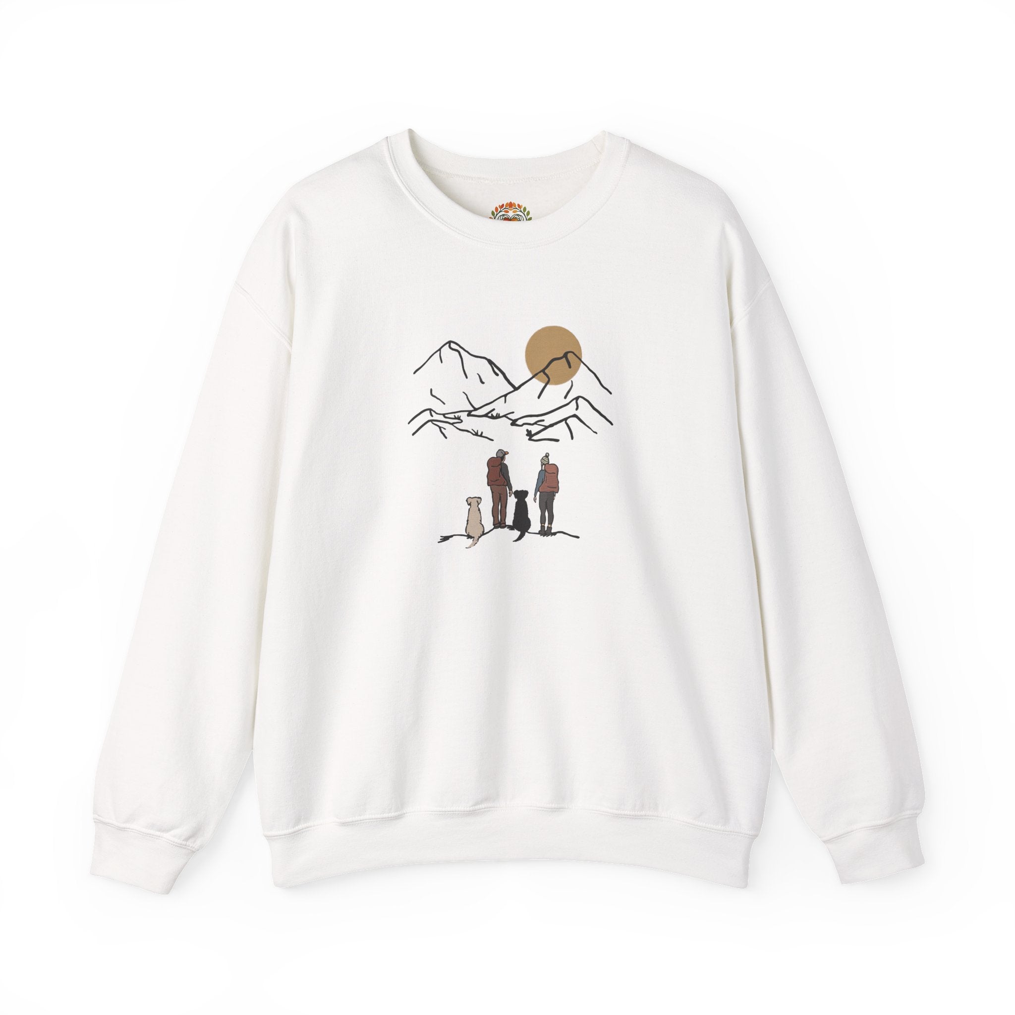 Minimal Line Art Sunset, Family Campers and Dogs Mountain Hike Scene Embroidery Hoodie | Sweatshirt | T-shirt