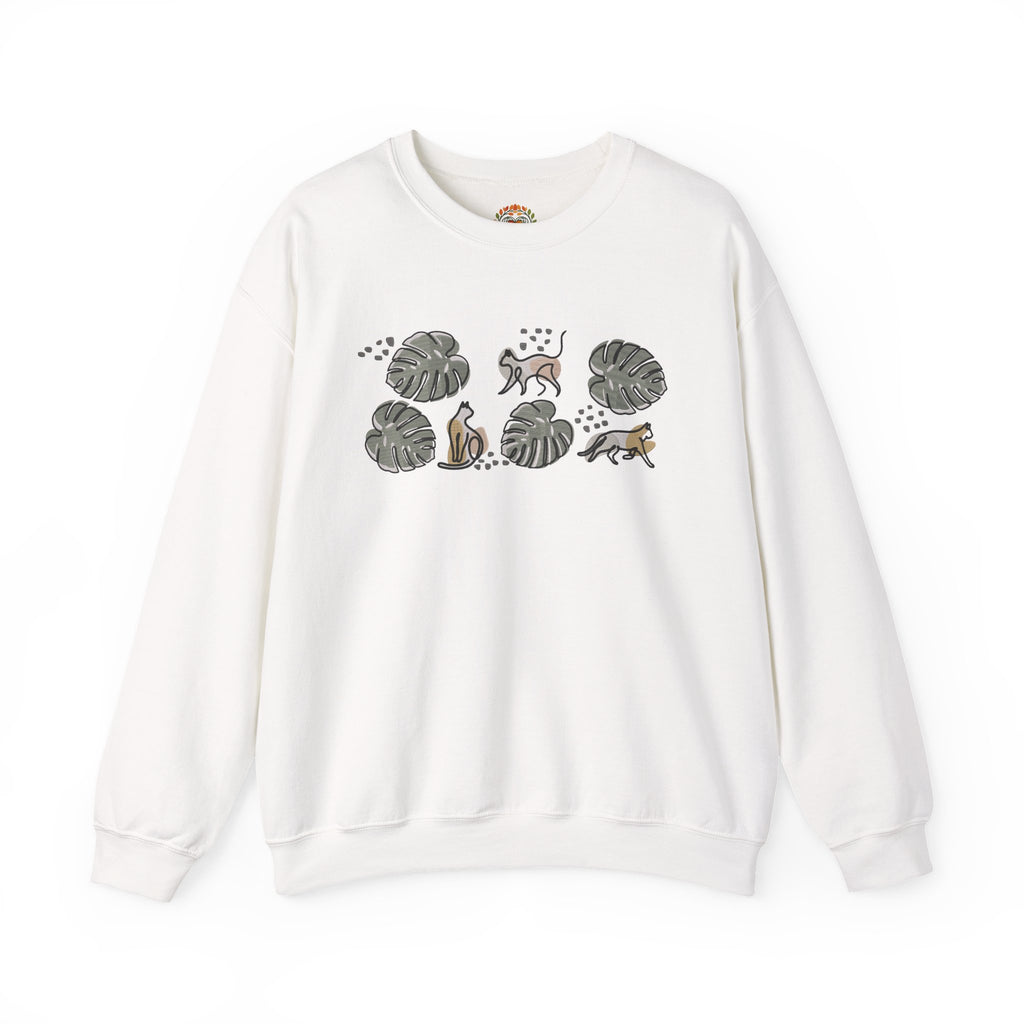 Boho Monstera Leaves with Playful Cats Embroidery Hoodie | Sweatshirt