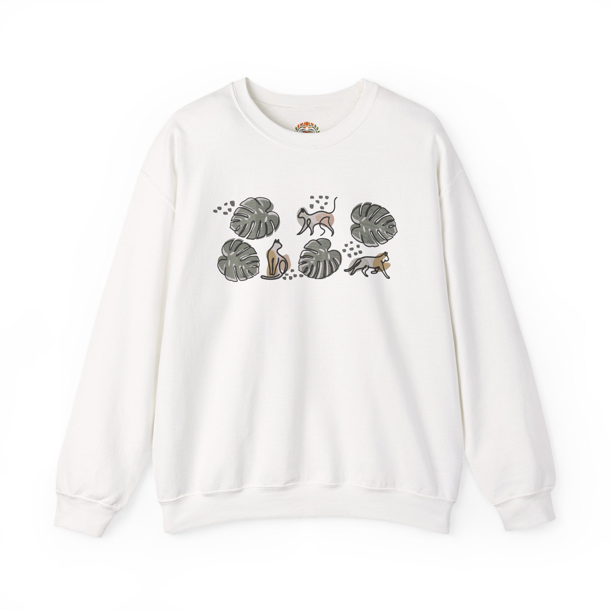 Boho Monstera Leaves with Playful Cats Embroidery Hoodie | Sweatshirt