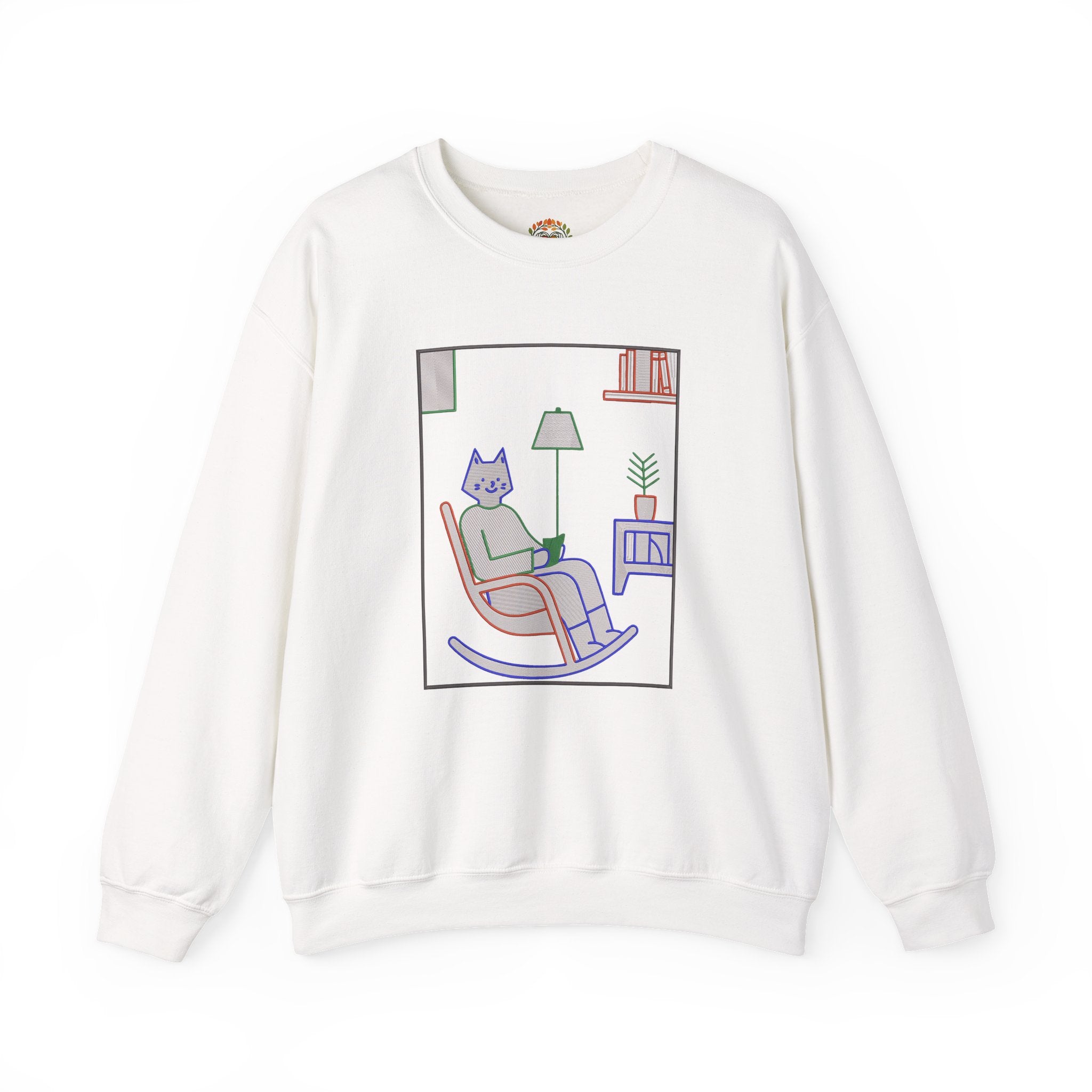 Cat Reading in Rocking Chair Embroidery Hoodie | Sweatshirt | T-shirt