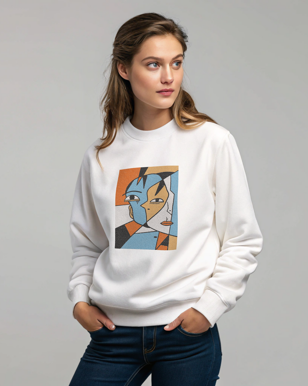 Abstract Cubist Face Embroidery Hoodie | Sweatshirt