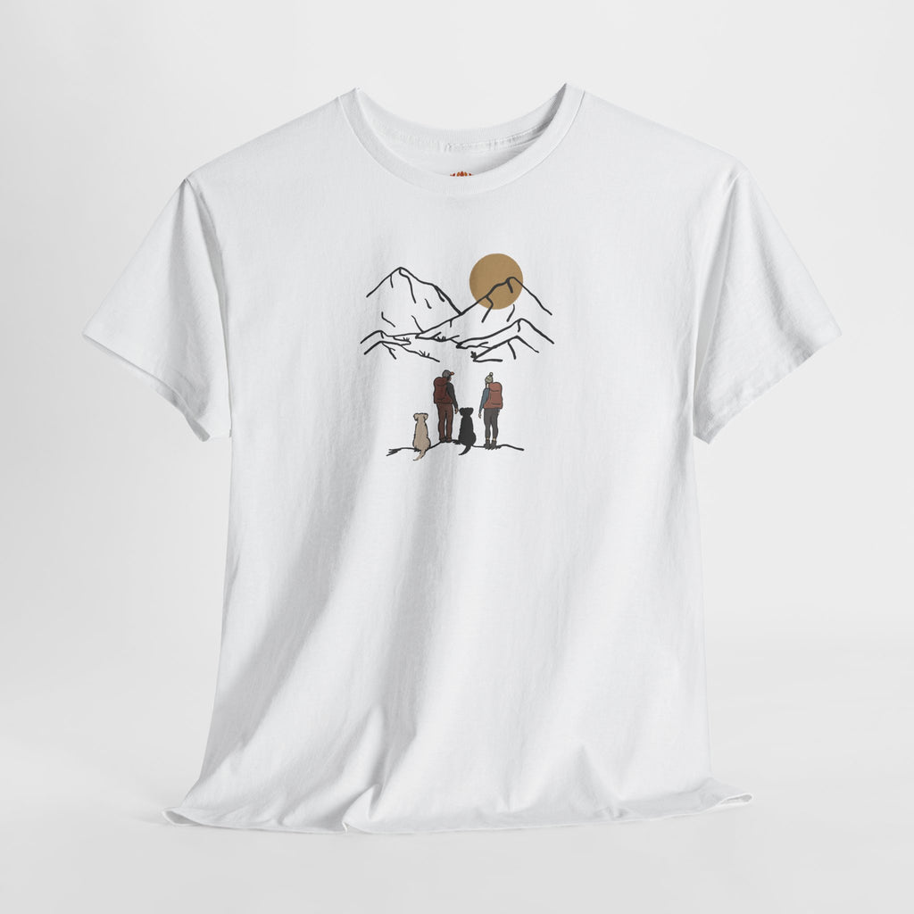 Minimal Line Art Sunset, Family Campers and Dogs Mountain Hike Scene Embroidery Hoodie | Sweatshirt | T-shirt