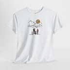 Minimal Line Art Sunset, Family Campers and Dogs Mountain Hike Scene Embroidery Hoodie | Sweatshirt | T-shirt