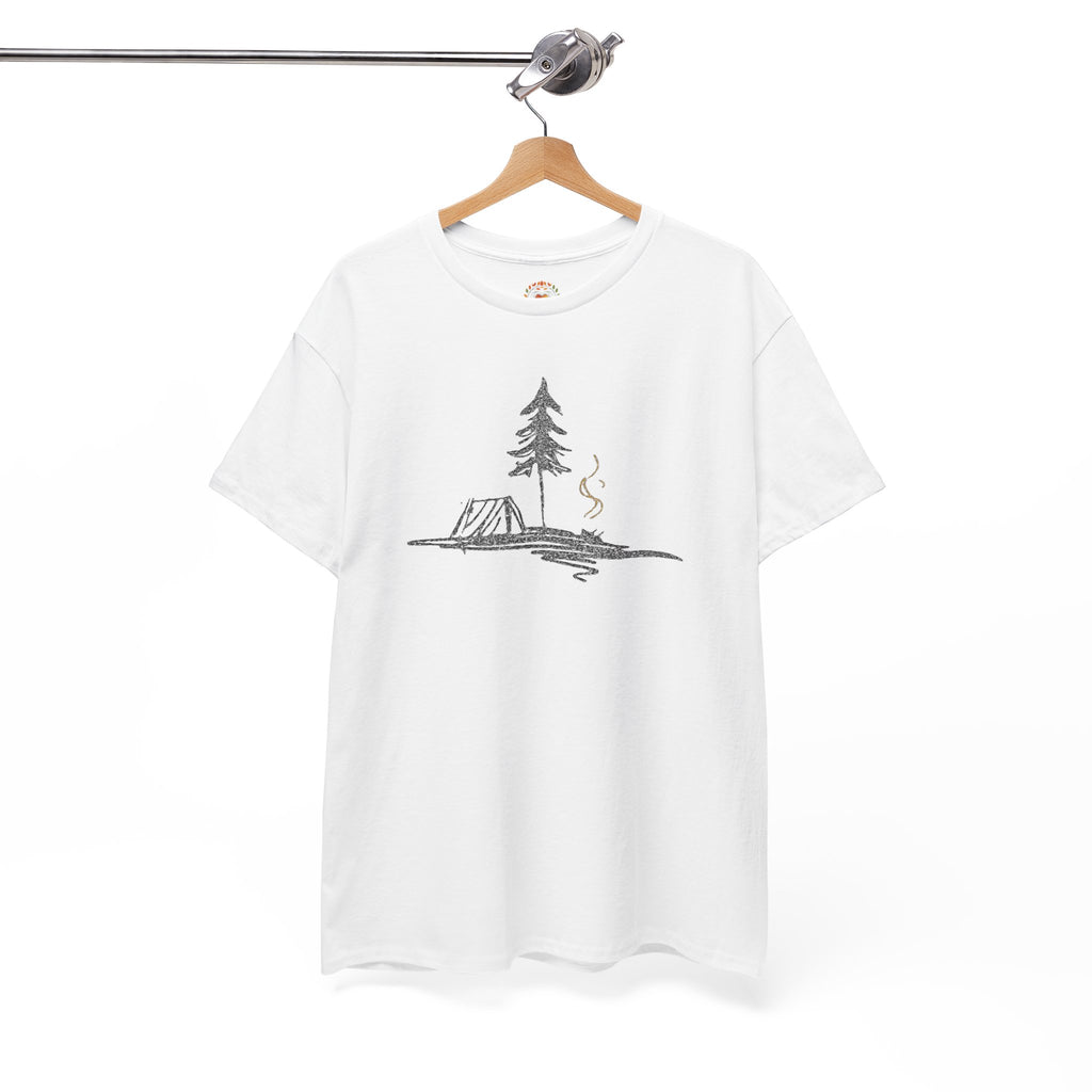 テント、松、キャンプファイヤー、湖のスケッチ刺繍パーカー | スウェットシャツ | Tシャツ