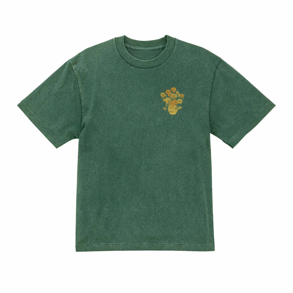 Vase with Fifteen Sunflowers Vincent Van Gogh Premium Cotton Heavyweight Embroidered T shirt