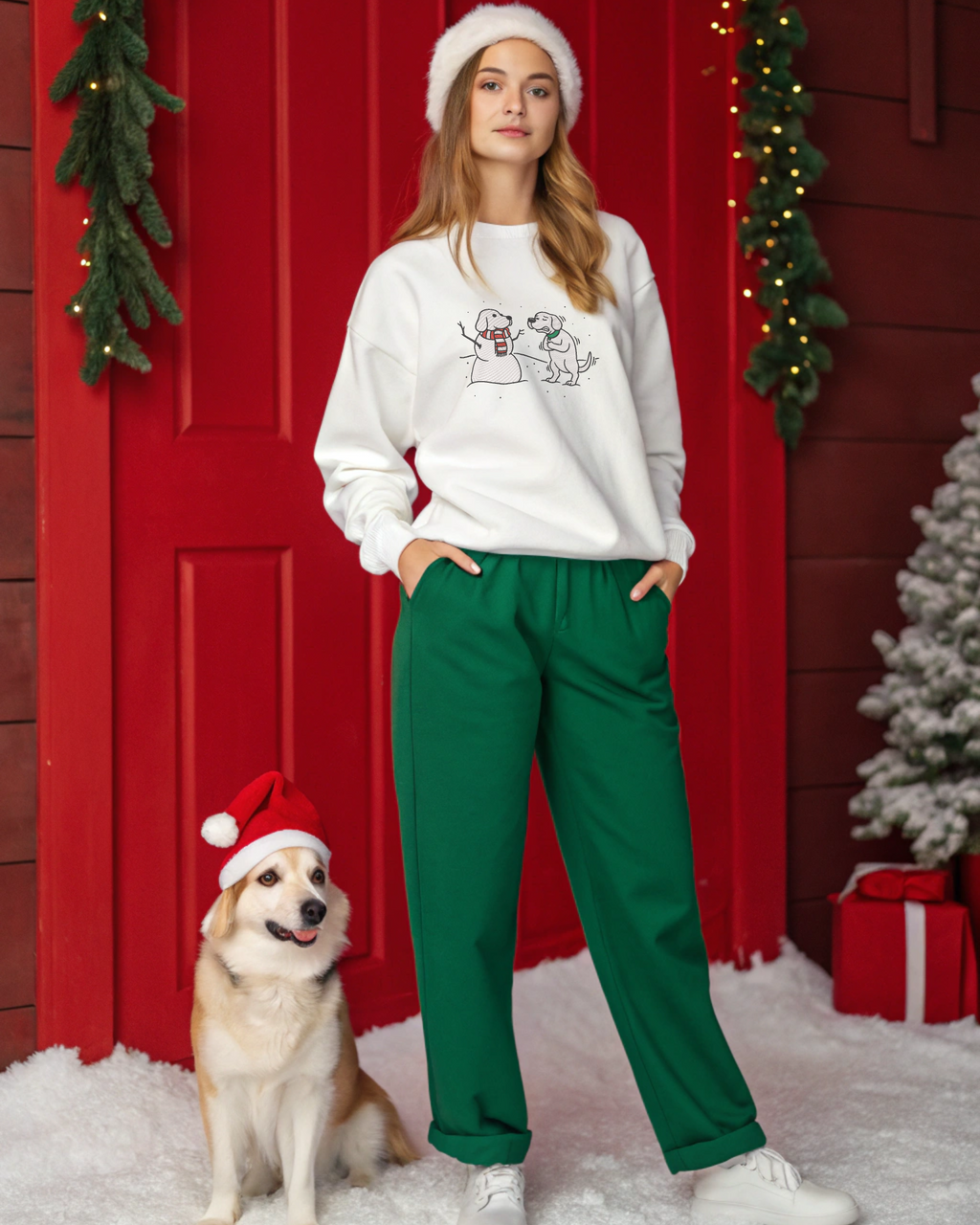 Sudadera con capucha y bordado de perro y camuflaje de muñeco de nieve navideño | Sudadera