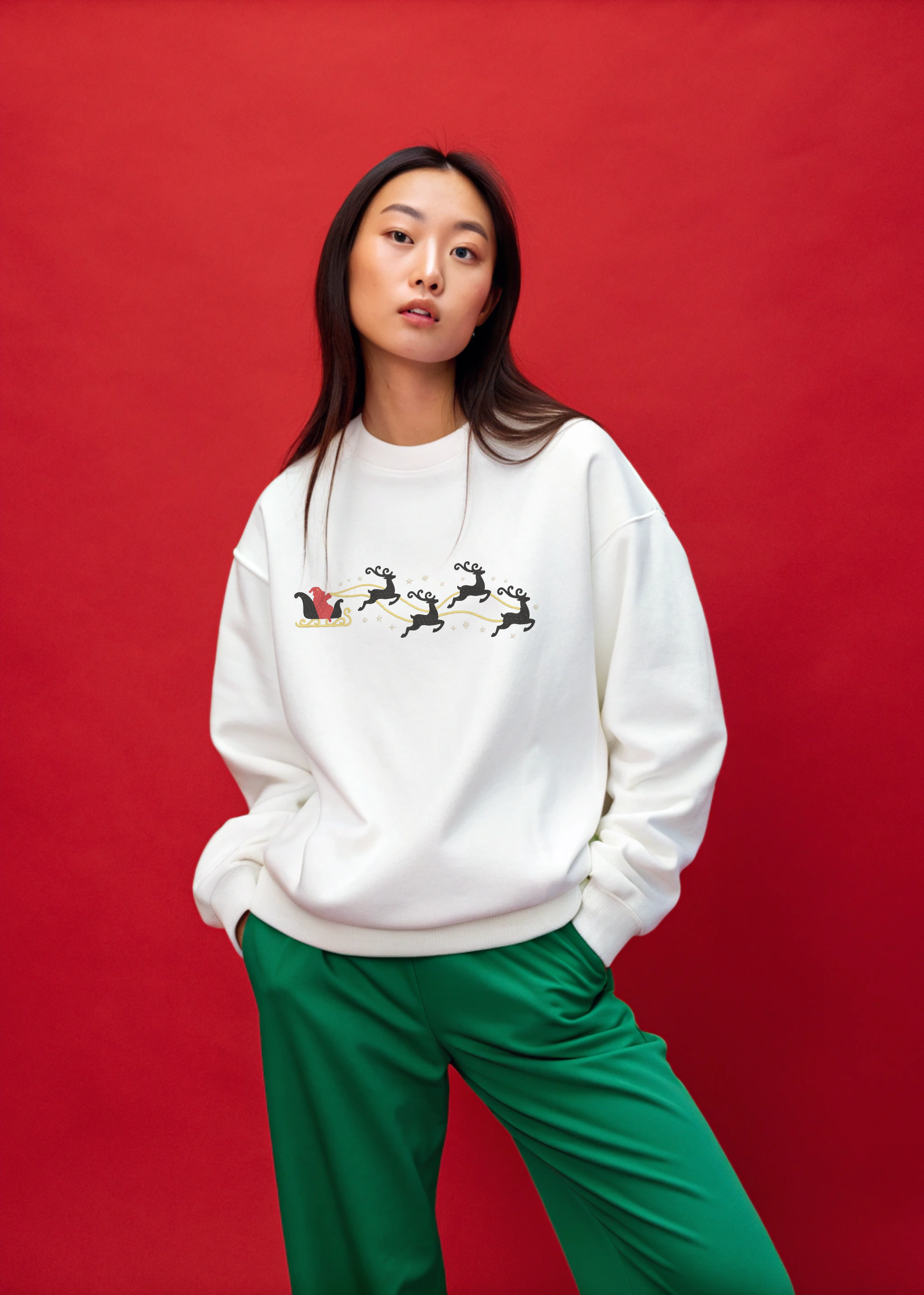 Christmas Santa Flying Reindeer Hoodie Embroidery Hoodie | Sweatshirt | T-shirt