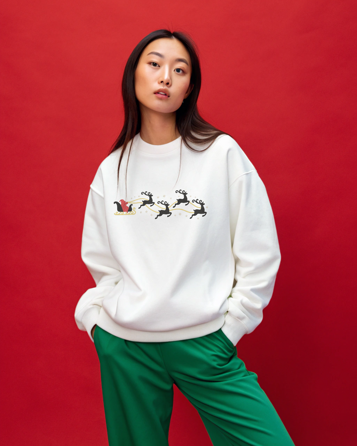 Sudadera con capucha bordada de Papá Noel y reno volador navideño | Sudadera | Camiseta